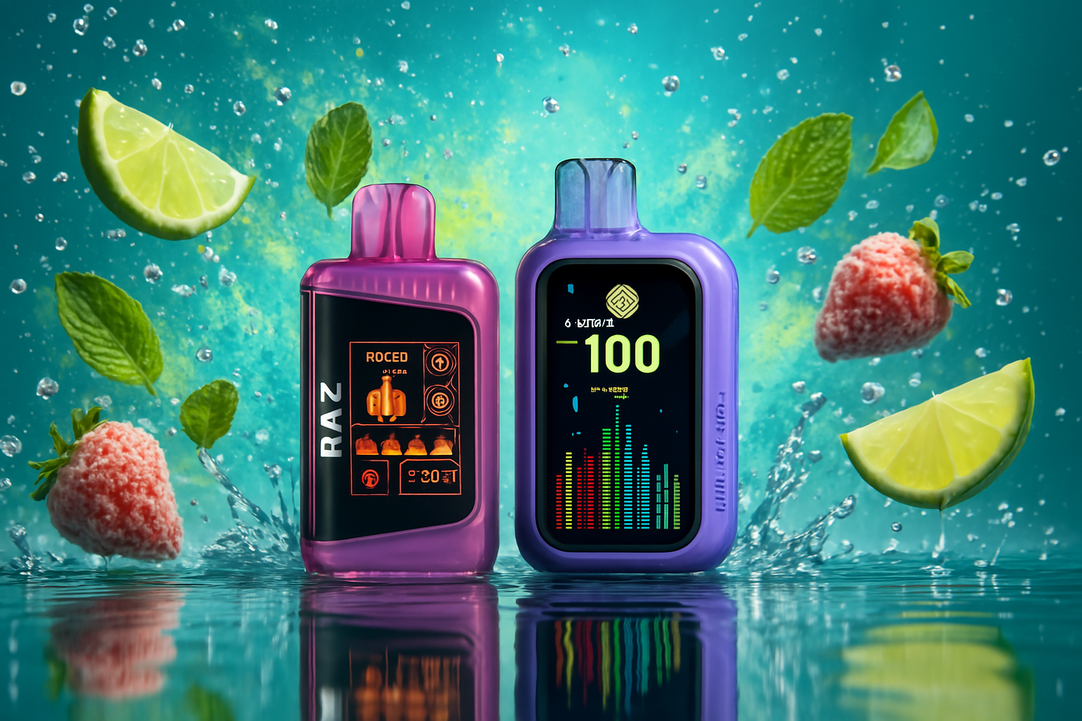 This image features two sleek vape devices, one in a vibrant pink and the other in a deep purple, positioned in a setting that mimics a splash of water. Surrounding them are fresh elements like lime wedges, strawberries, and mint leaves, suggesting a refreshing flavor profile.