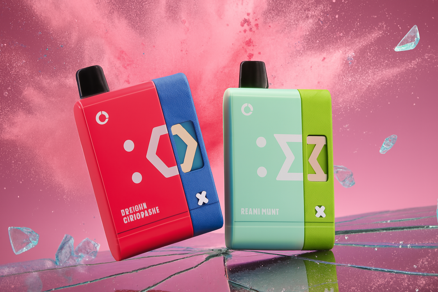 A striking product photo of two vape devices on a cracked, reflective surface with a dynamic pink powder background and floating ice shards. The device on the left is a vibrant red and blue vape with a geometric shape on its front. The device on the right is a boxy, light blue and green vape with a similar futuristic, geometric design.
