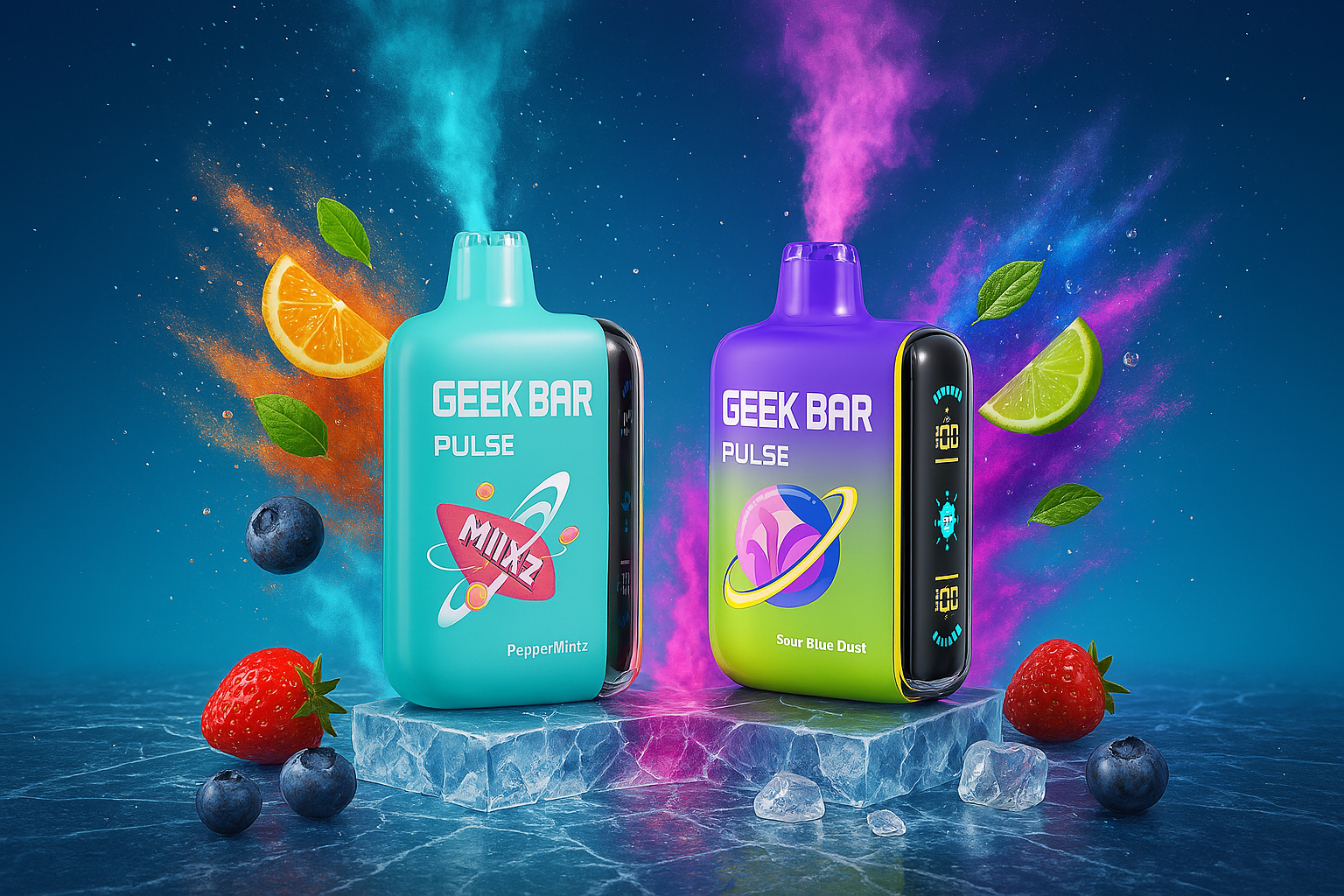 This image showcases two vibrant vape devices, one in teal and the other in a purple and green gradient, both emitting colorful vapor plumes. They are placed on icy platforms surrounded by a variety of fresh fruits, including orange slices, limes, strawberries, and blueberries, as well as mint leaves and ice cubes. The dynamic composition and scattered ingredients suggest a cool, fruity, and refreshing flavor experience.