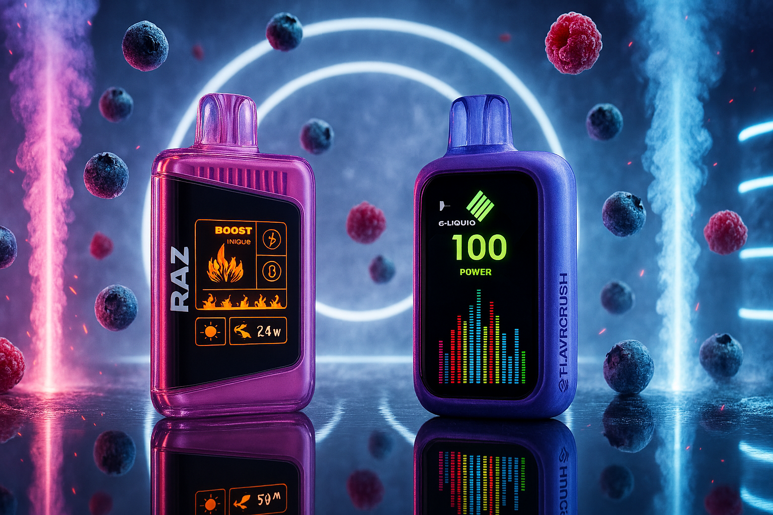 This image shows two modern vape devices, one in pink and the other in blue, standing on a reflective surface against a dark background with neon lights. Both vapes have prominent digital displays with colorful graphics. Floating around the devices are fresh blueberries and raspberries, creating a vibrant, fruity atmosphere that suggests a berry-flavored experience.