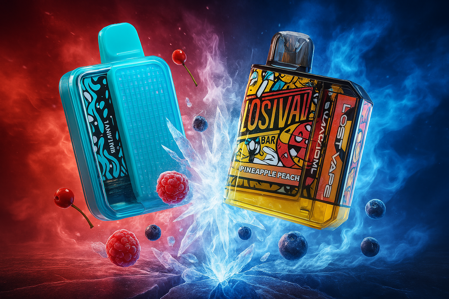 Two distinct vape devices are featured, one primarily teal and the other yellow with various colorful designs, positioned on either side of a central burst of icy blue and fiery red energy. Scattered around them are red raspberries and dark blueberries, enhancing the cool and vibrant theme.