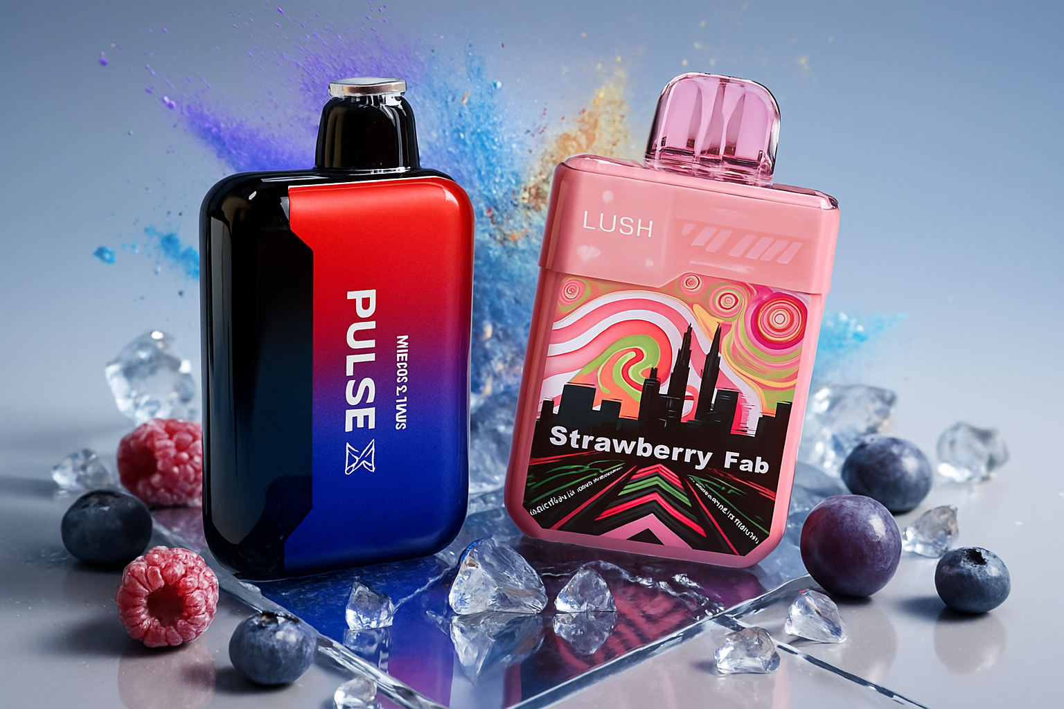 This image features two distinct vape devices, one in a striking red and blue gradient, and the other predominantly pink with a vibrant, abstract design. They are positioned on a reflective surface surrounded by ice cubes, blueberries, and raspberries, set against a dynamic background of colorful powder explosions. The overall composition suggests a cool, fruity, and energetic vaping experience.