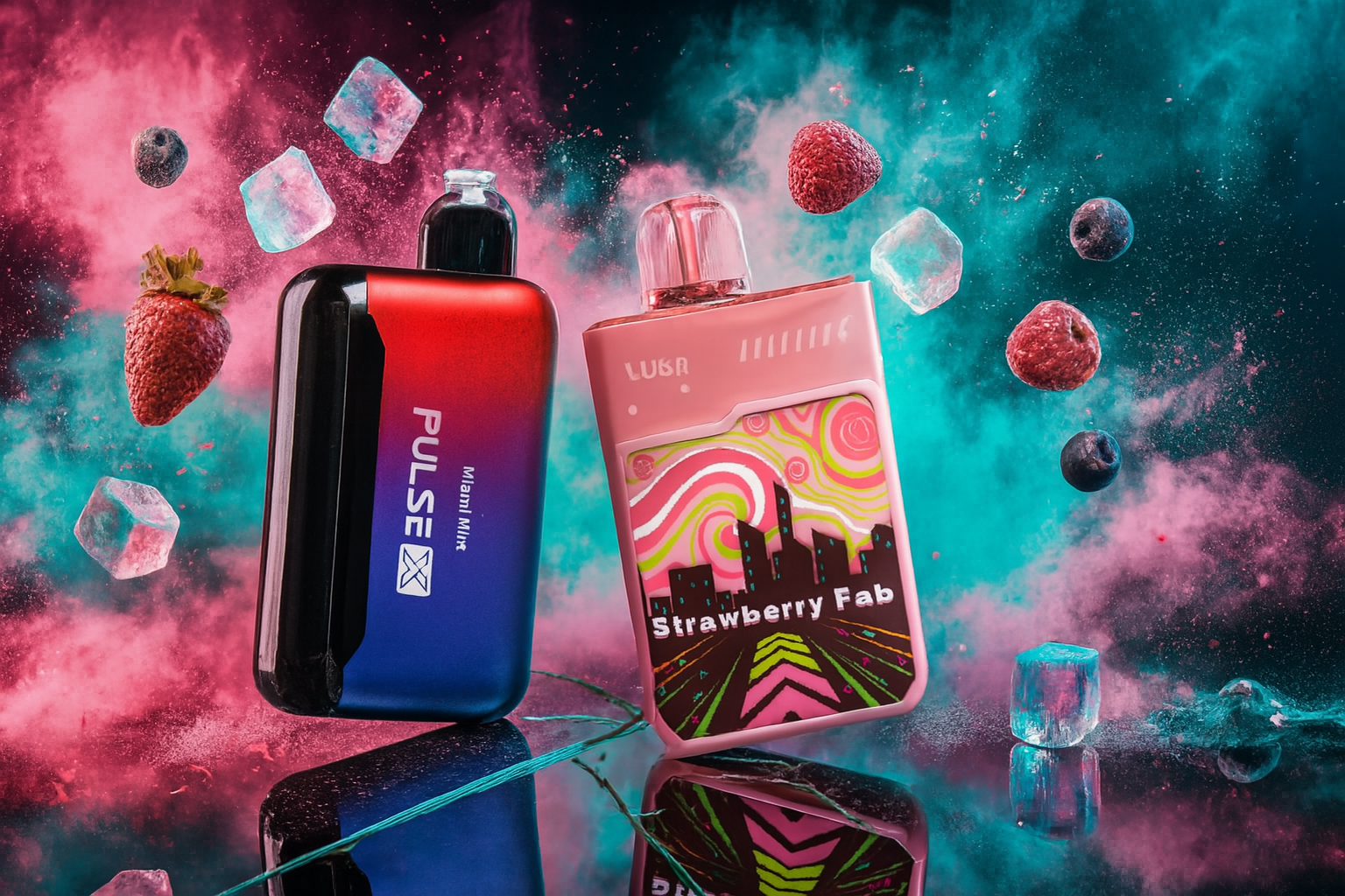 A striking product shot features two vape devices, one with a red-to-blue gradient and the other in light pink with a colorful cityscape design. They stand on a reflective surface against a dynamic background of swirling pink and teal smoke. Scattered around them are floating strawberries, raspberries, blueberries, and ice cubes.