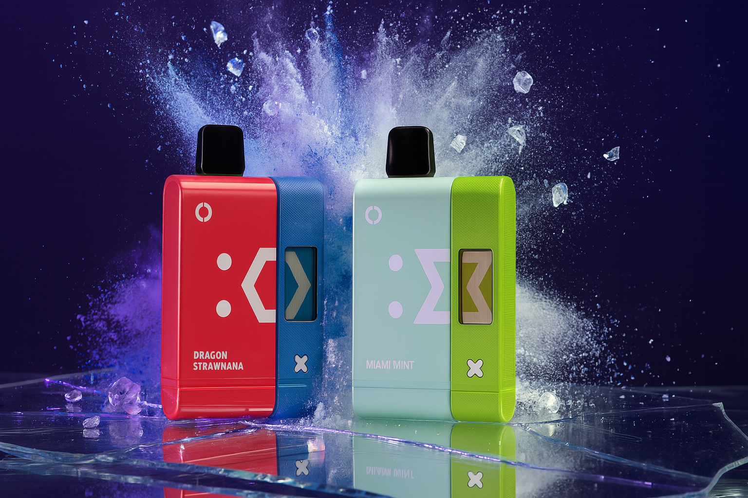 A dramatic product photo features two vape devices on a cracked, reflective surface with a dynamic background of colorful dust and floating ice shards. The device on the left is a red and blue vape with a geometric shape on its front. The device on the right is a light blue and green vape with a similar futuristic, geometric design.