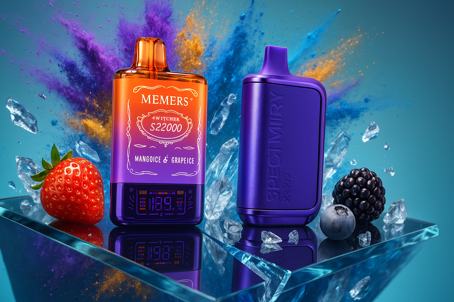 This image features two distinct vape devices, one with an orange and purple gradient and the other in solid purple, both resting on a clear, angular surface. They are surrounded by elements suggesting fruity flavors and a dynamic environment, including a fresh strawberry, a blackberry, a blueberry, and scattered ice shards, all set against a backdrop of colorful powder explosions. The overall composition is vibrant and emphasizes the product's appealing aesthetics and potential flavors.