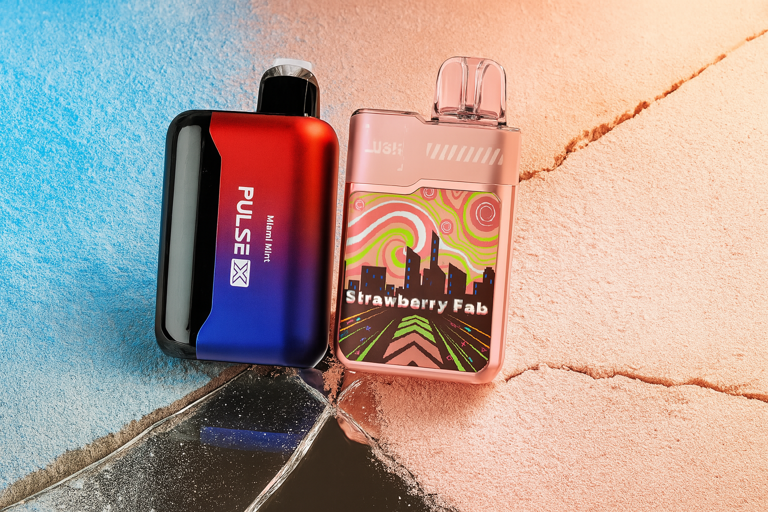 A striking product photo of two vape devices on a cracked, reflective surface, surrounded by light blue and beige powder. The device on the left is a sleek black and red vape that fades to blue at the bottom. The device on the right is a pink, metallic-looking vape with a colorful, psychedelic cityscape graphic on the front.