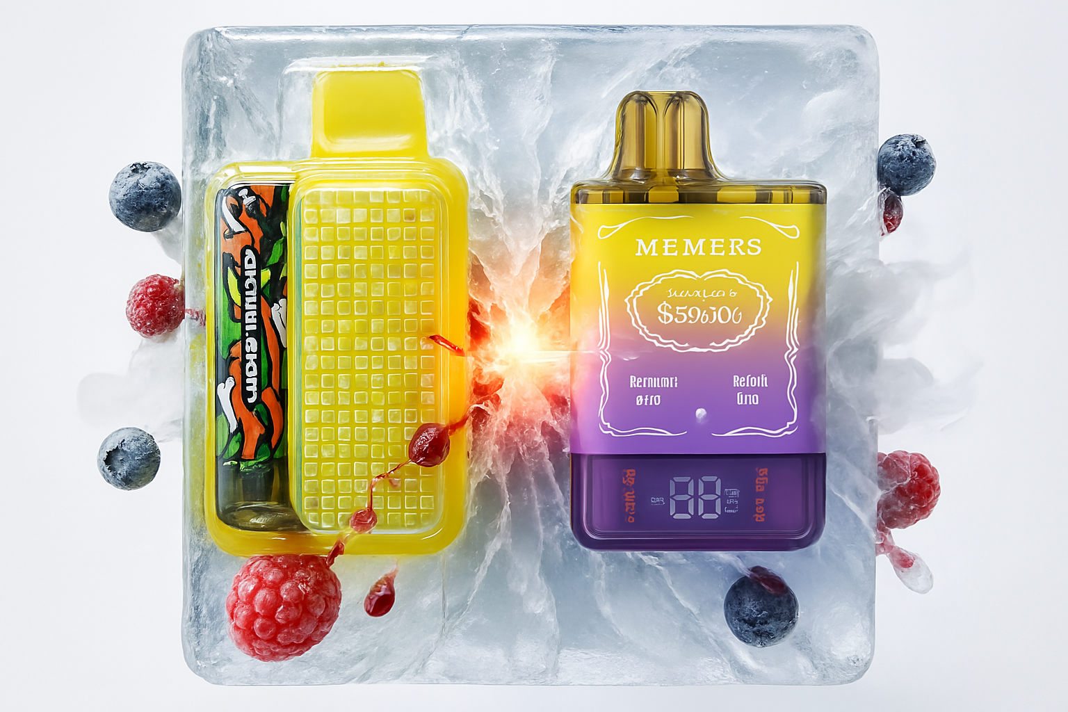 Two colorful vape devices, one yellow and the other transitioning from yellow to purple, are presented on a textured ice block, creating a chilly backdrop. A vibrant orange and red energy burst emanates between them, while fresh raspberries and blueberries are scattered around, adding to the refreshing and fruity theme.