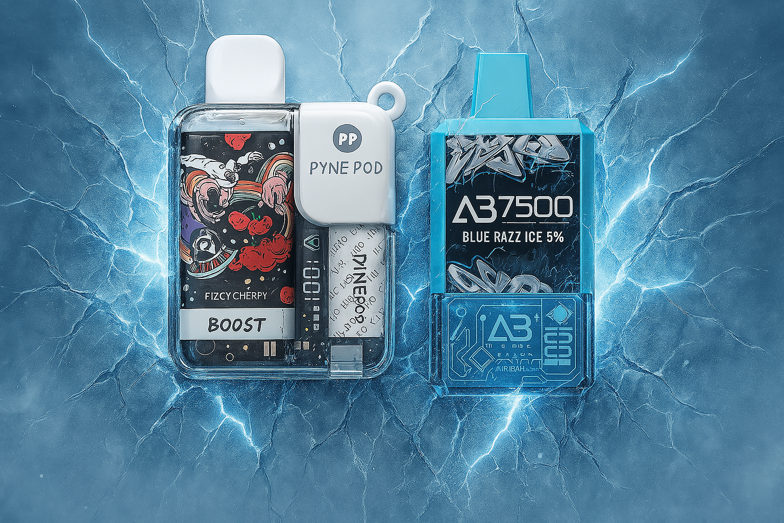 Two sleek vape devices are positioned against a dynamic background of icy blue lightning strikes. The vape on the left is mostly transparent, revealing colorful cartoonish designs inside, while the one on the right has a translucent blue casing with futuristic patterns. Their placement and the background suggest a powerful and possibly cooling sensation.