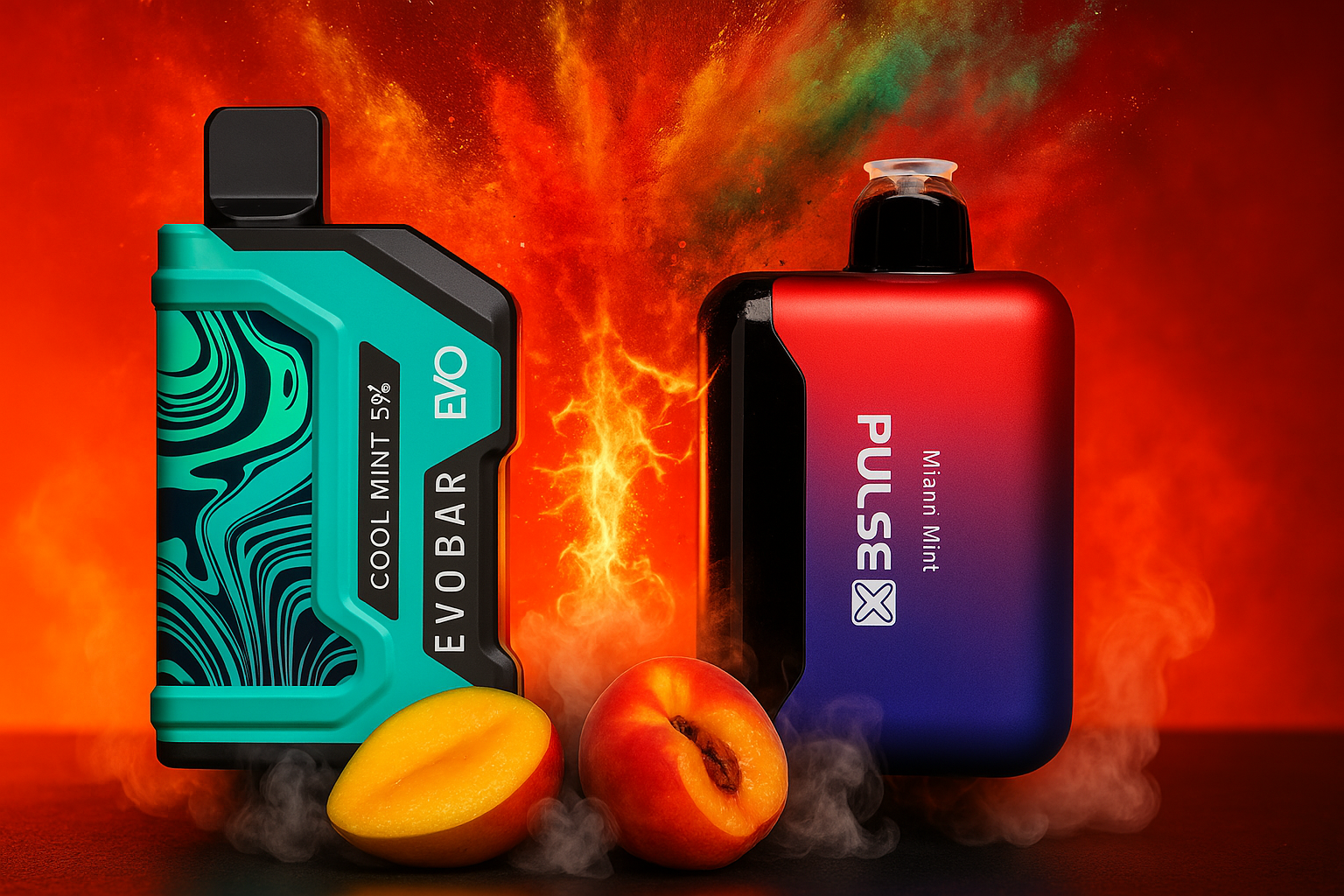 This image displays two vape devices set against a fiery red and orange background with rising smoke. The vape on the left is a rectangular device in teal and black with a swirling design, labeled
