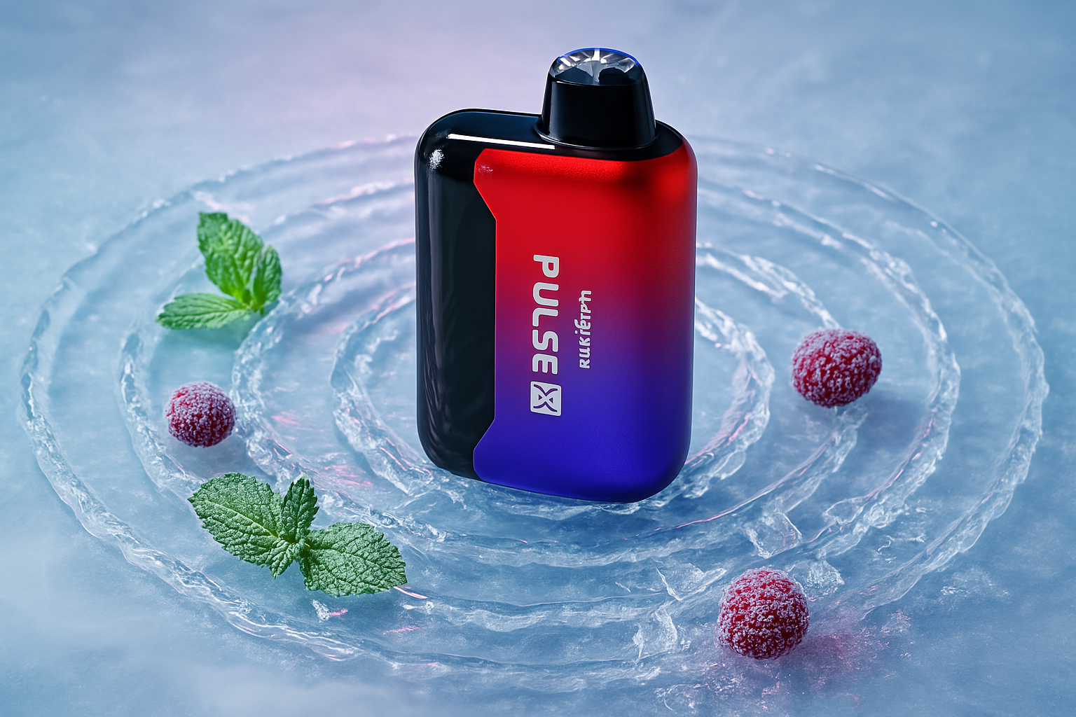 This image showcases a single vape device, featuring a striking red-to-blue gradient on its body. It is positioned on a swirling, ice-patterned surface, giving a cool and refreshing visual. Several frosted raspberries and fresh mint leaves are scattered around the device, suggesting a fruity and minty flavor profile.
