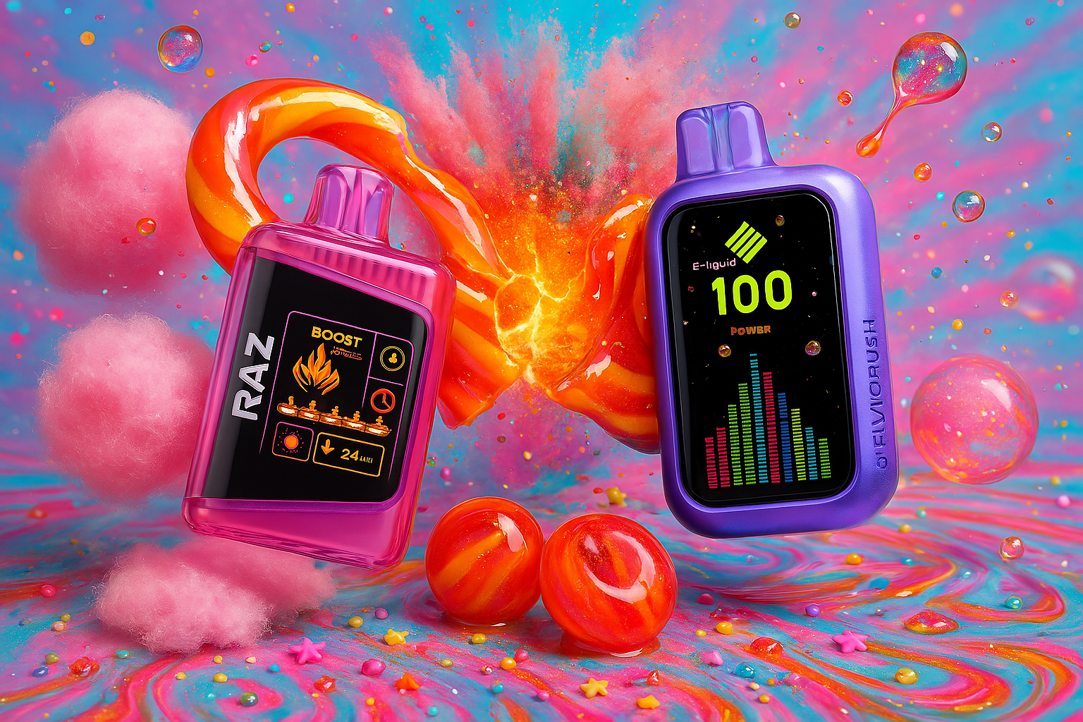 This image features two brightly colored vape devices, one pink and one purple, set against a vibrant, dreamlike background. The scene is further enhanced with candy-like elements and swirling, colorful patterns, creating a whimsical and surreal aesthetic.