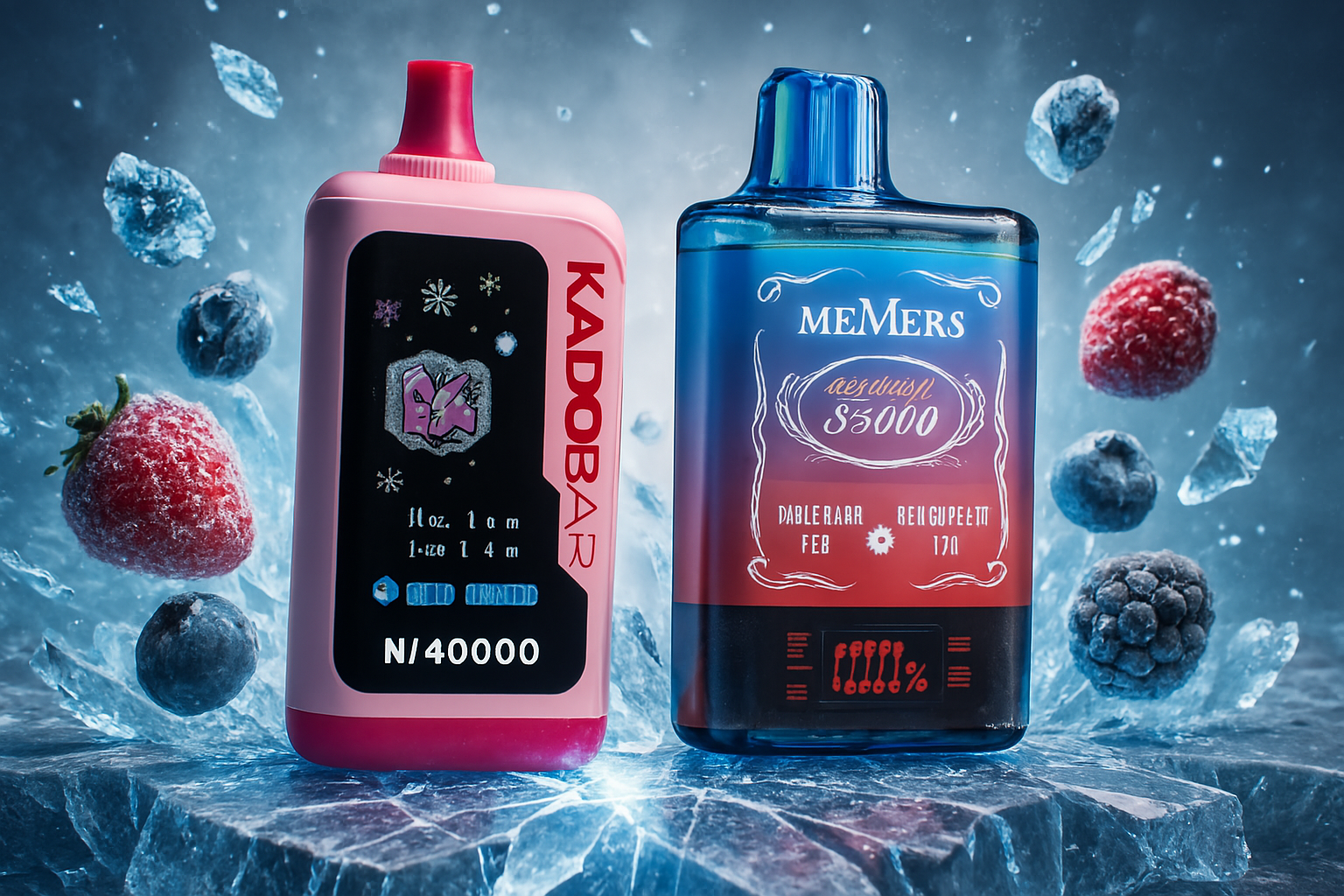This image features two sleek vape devices, one primarily pink and the other with a gradient of blue, red, and dark blue. They are presented against a backdrop of fractured ice, with frozen berries like strawberries, raspberries, and blueberries scattered around them, suggesting icy and fruity flavor profiles. The overall scene evokes a cool and refreshing sensation.