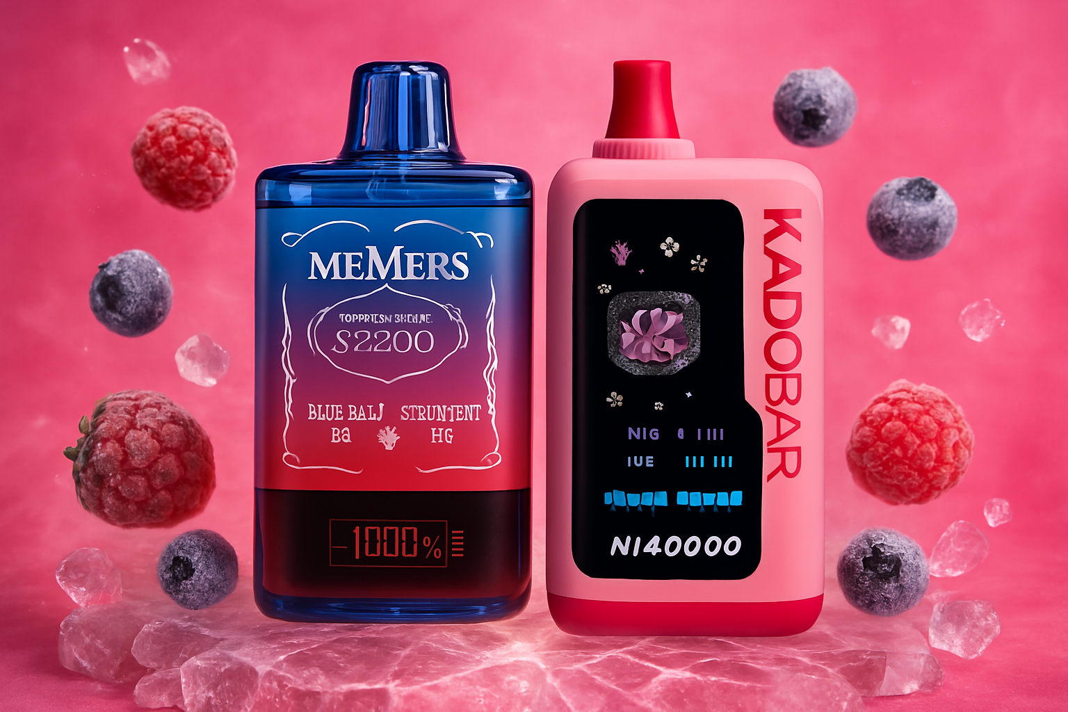 This image features two distinct vape devices, one in shades of blue and red, and the other primarily pink with black accents. Both are depicted with a frosty appearance, surrounded by ice cubes and frozen berries such as raspberries and blueberries, suggesting cool and fruity flavors. The overall aesthetic is vibrant and emphasizes a refreshing experience.