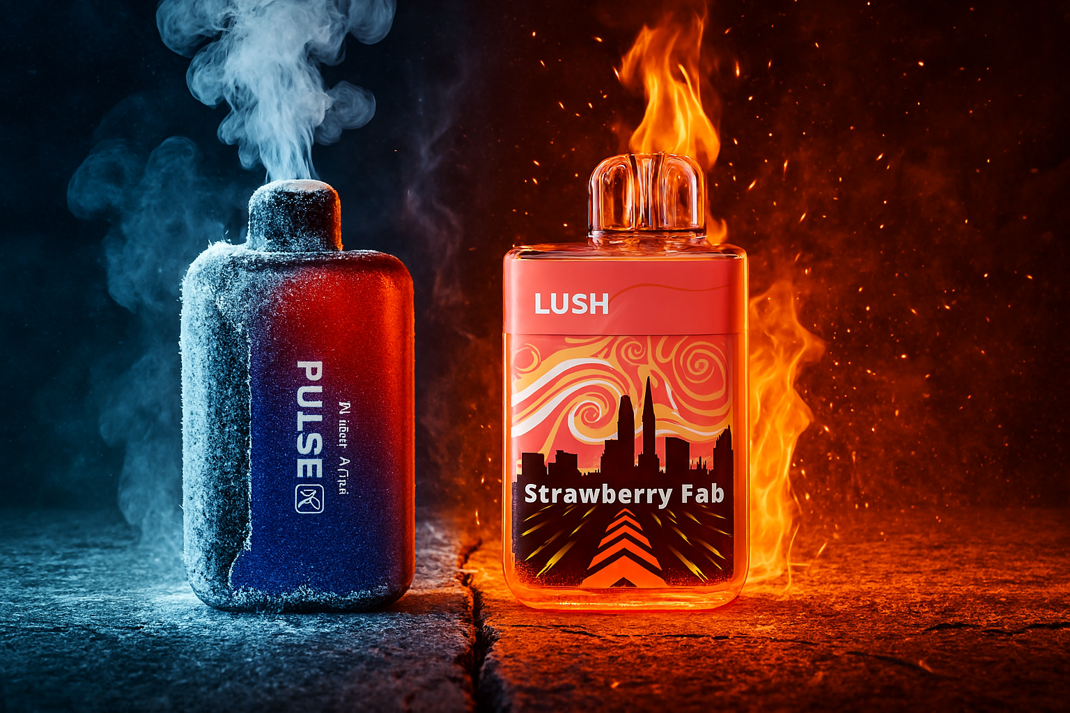 This image presents a stark contrast between two disposable vape devices, one associated with cold and the other with heat. On the left, a