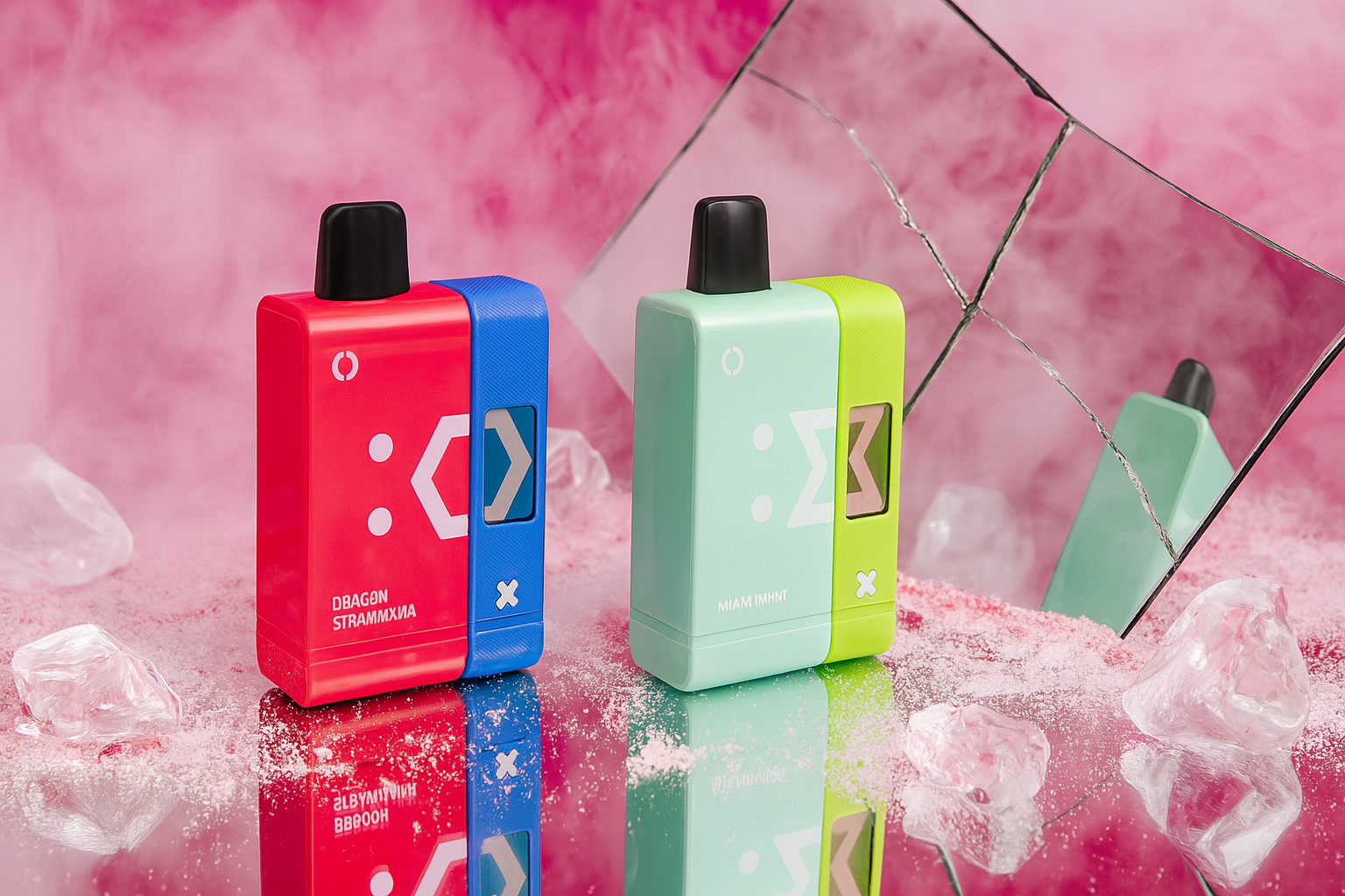 A product photo shows two vape devices on a shattered, reflective surface with a dynamic background of vibrant purple and blue powder and floating ice shards. The device on the left is a tall, transparent pink and red vape with a small digital screen on the front. The device on the right is a white vape with red accents and a large, full-color touchscreen that resembles a smartphone interface.