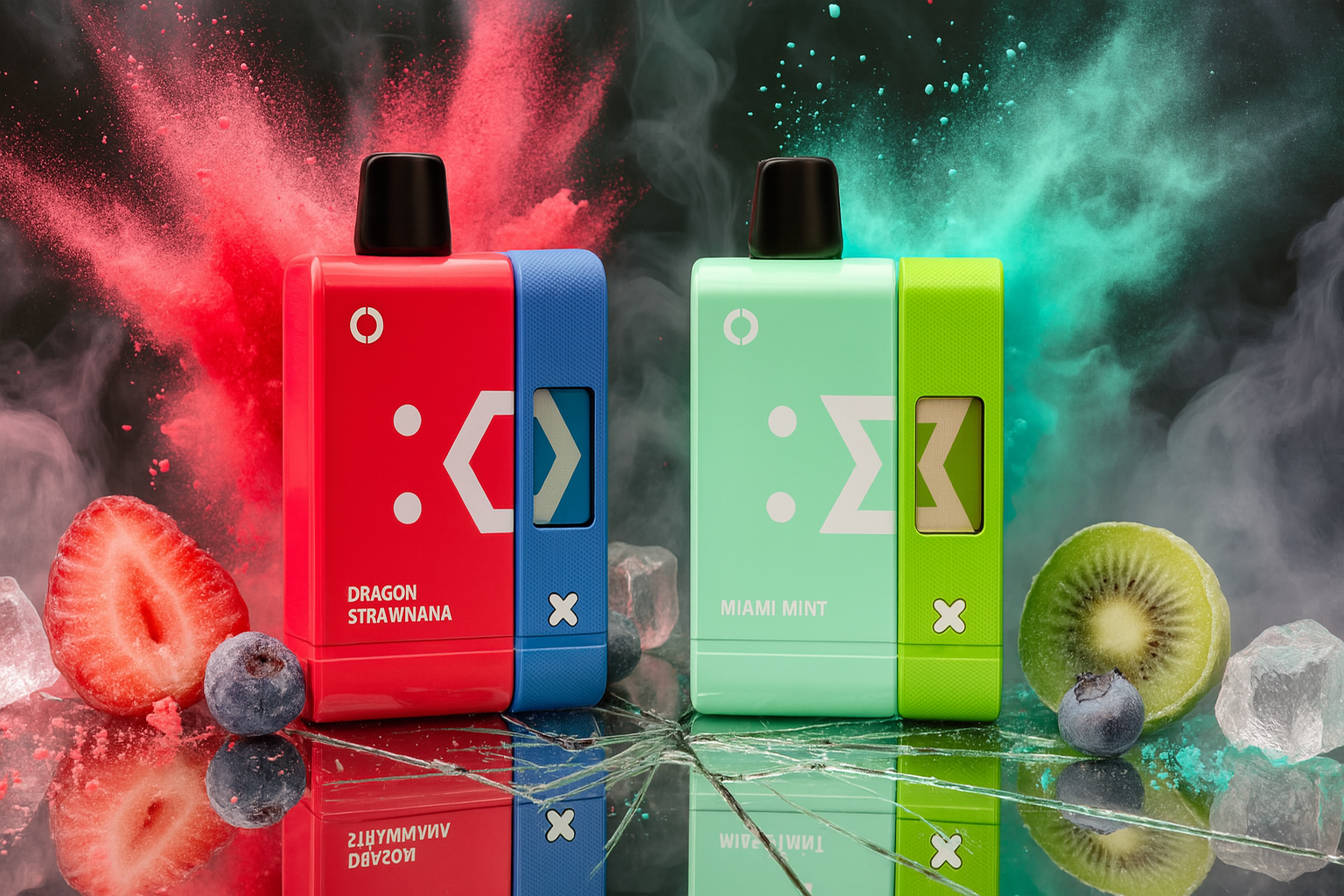 A dynamic product shot featuring two colorful vape devices on a cracked, reflective black surface. The background is a dramatic cloud of red and turquoise powder. Surrounding the products are a sliced strawberry, a sliced kiwi, blueberries, and ice cubes.