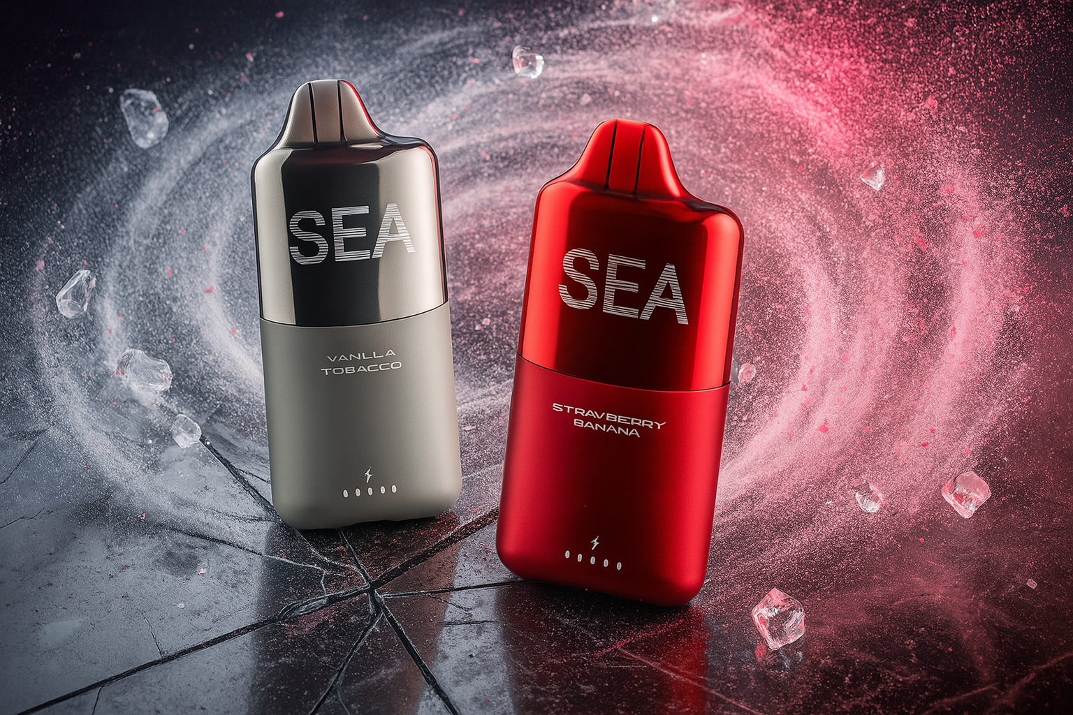 An eye-level shot shows two stylish, modern vape devices. The one on the left is a sleek metallic gray, and the one on the right is a vibrant red. They are set against a dramatic backdrop of swirling red, white, and blue smoke and shards of ice, giving the image a dynamic, otherworldly feel.