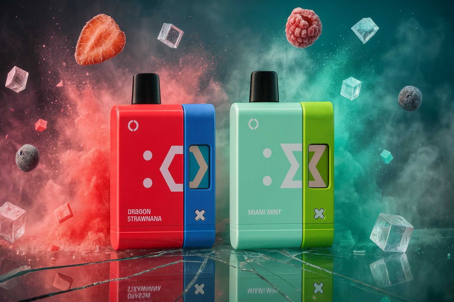A striking product shot of two colorful vape devices on a cracked, reflective black surface. The background features a dramatic cloud of red and blue powder. Surrounding the products are a floating strawberry slice, raspberries, blueberries, and scattered ice cubes.