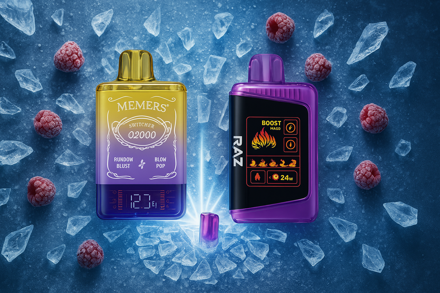 This image displays two sleek vape devices, one with a yellow and blue gradient and the other primarily purple with a black screen, resting on a field of broken ice. They are surrounded by scattered frozen raspberries and ice shards, creating a cool and refreshing visual. A small purple vape tip is also visible between the two main devices.
