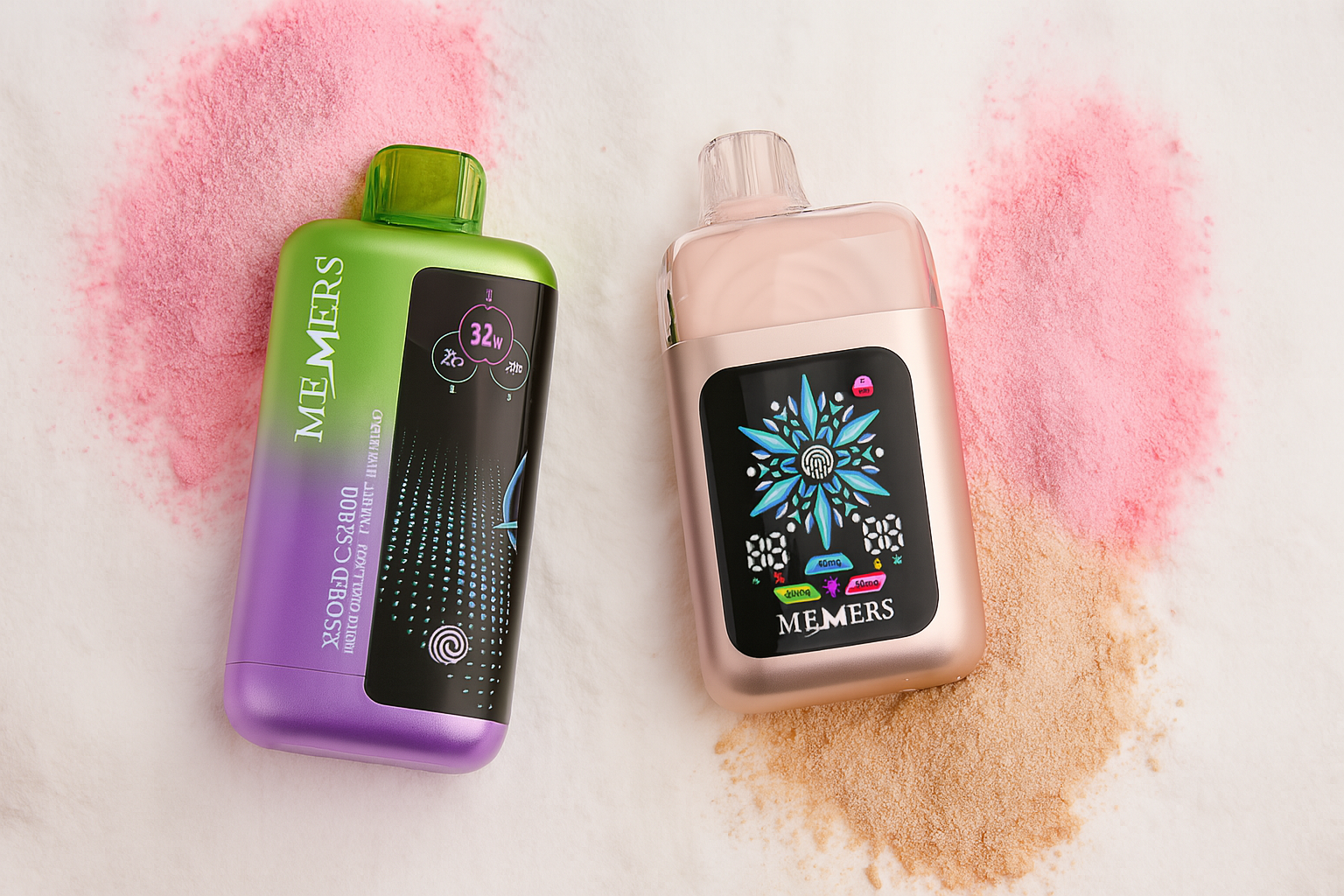 A dynamic product image features two vapes set against a vibrant, multi-colored background of swirling cosmic dust and neon lightning bolts. The vape on the left is a vibrant pink with a cityscape graphic, while the one on the right is a metallic rose gold with a glowing digital screen displaying a snowflake-like symbol. Both devices have a modern, sleek design with a reflective surface below.