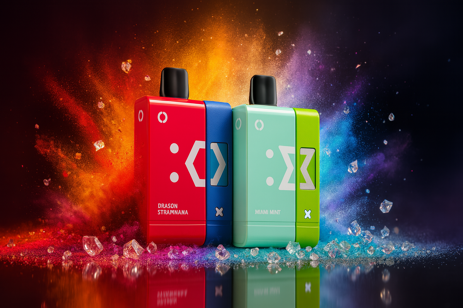 A striking product shot displays two vapes with black mouthpieces on a reflective surface, set against a dark background with vibrant explosions of orange and blue powder. The vape on the left is a combination of red and blue, while the one on the right is a two-toned mint green and lime green. Both devices have a distinctive modern, blocky design with geometric symbols on the front.