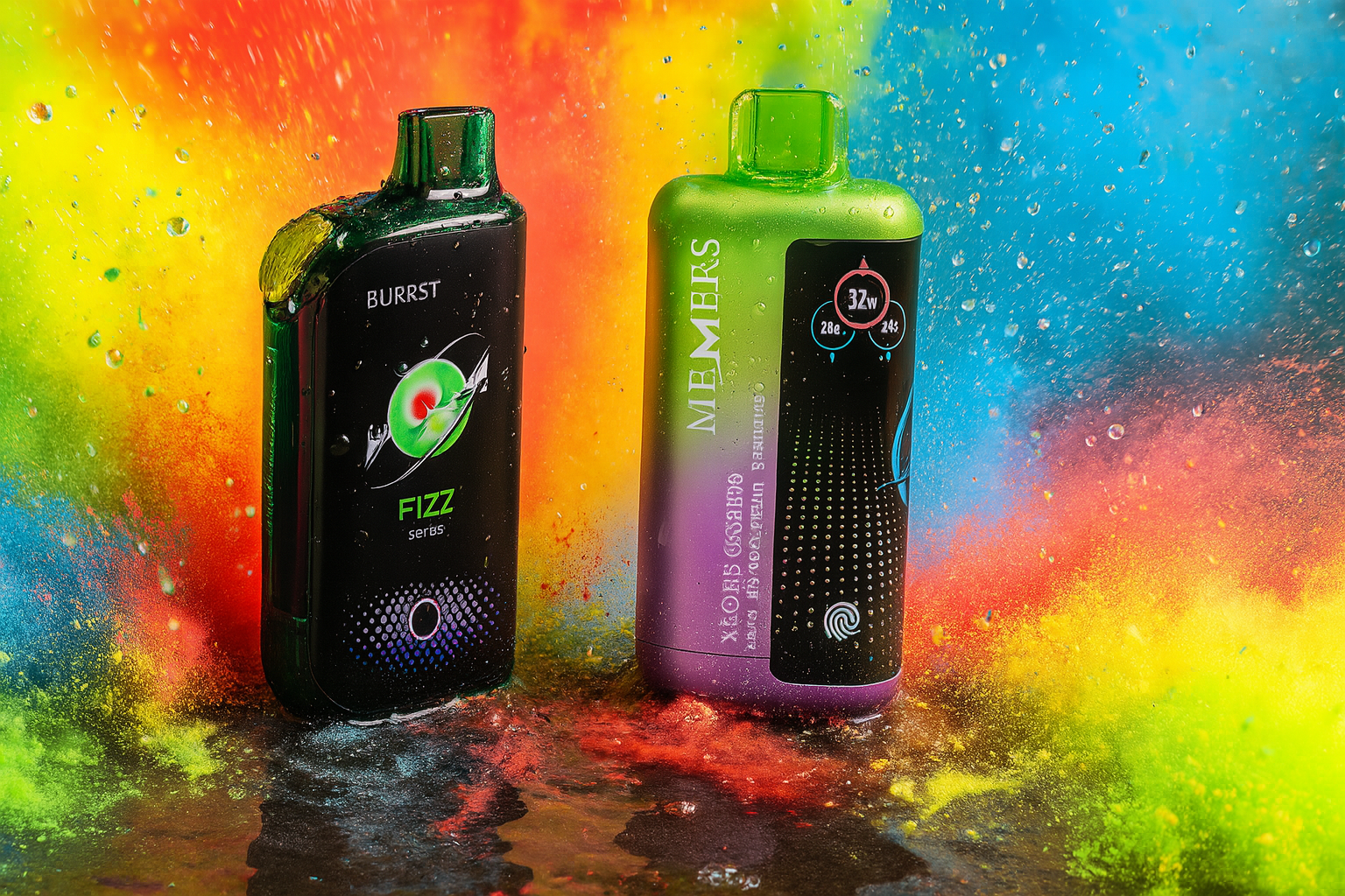 A striking product image features two disposable vapes, wet and splattered with water droplets, set against a dark background with a vibrant, swirling explosion of colored powder. The vape on the left is a metallic green with a sleek, curved body and a glowing circular button. The vape on the right is a two-toned lime green and purple with a flat, rectangular shape and a digital screen.