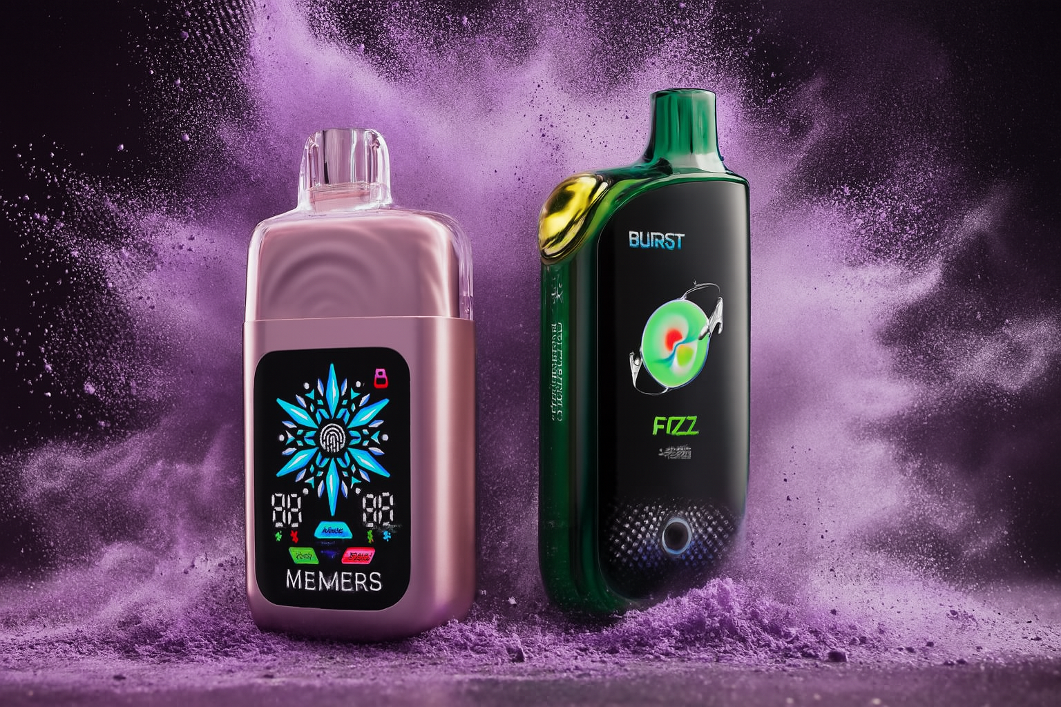 A dynamic product shot features two vapes on a surface covered in a cloud of purple powder. The vape on the left is a metallic rose gold color with a prominent digital screen displaying a glowing snowflake-like symbol. The vape on the right is a sleek, dark metallic green with a dark front panel and a glowing circular button at the bottom.