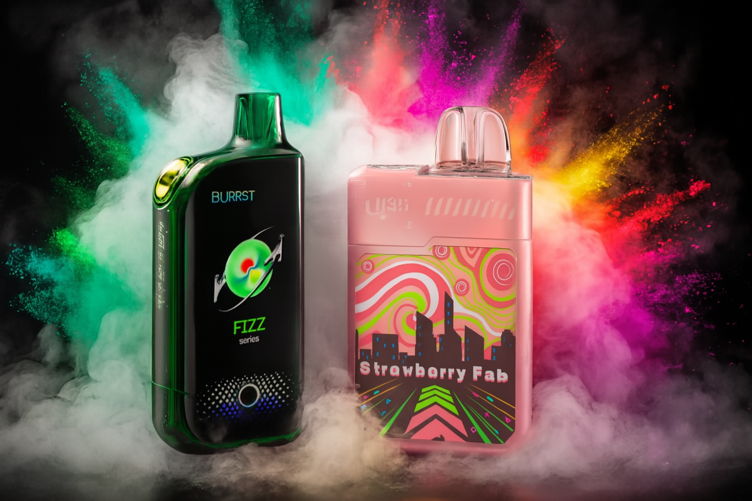 Two stylized vape devices are shown side-by-side against a dark background, surrounded by dramatic plumes of multi-colored smoke and powder. The device on the left is a shiny, dark green with a glowing abstract symbol, and the one on the right is a light pink with a whimsical cityscape design. The vibrant colors of the smoke create a dynamic and energetic visual.