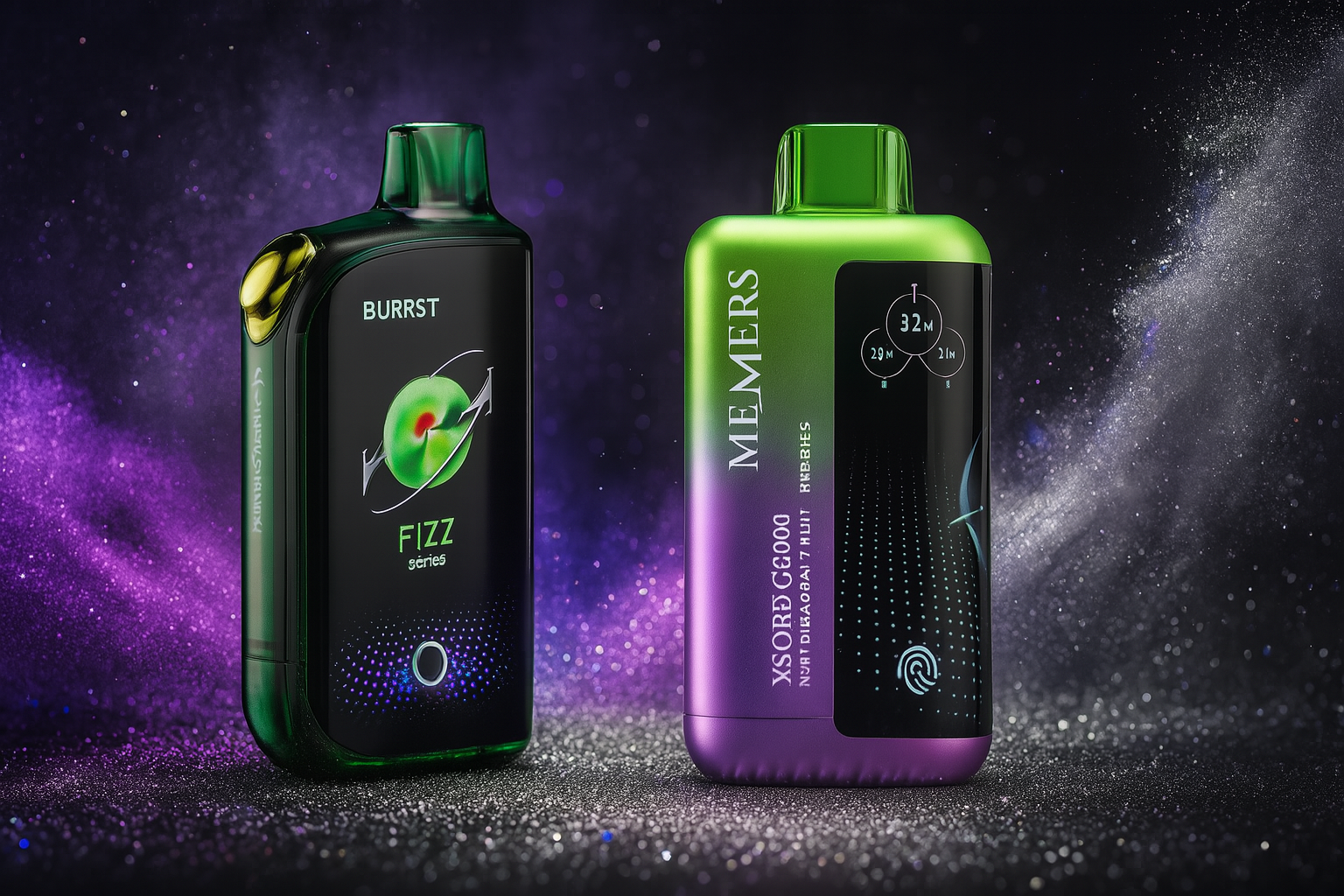 A stylish product shot features two vape devices, one dark green and one with a purple-to-green gradient. They are positioned on a dark, sparkly surface against a cosmic-themed background with nebulae and floating particles. Both devices have digital screens with glowing, abstract graphics.