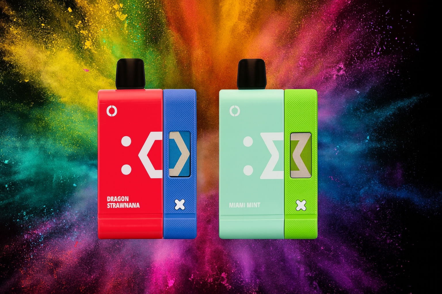 A dynamic, high-angle product shot of two rectangular, dual-colored electronic devices. The device on the left is red and blue, while the one on the right is mint green and lime green. They are placed against a vivid background of multi-colored powder explosions, creating a vibrant and energetic atmosphere.