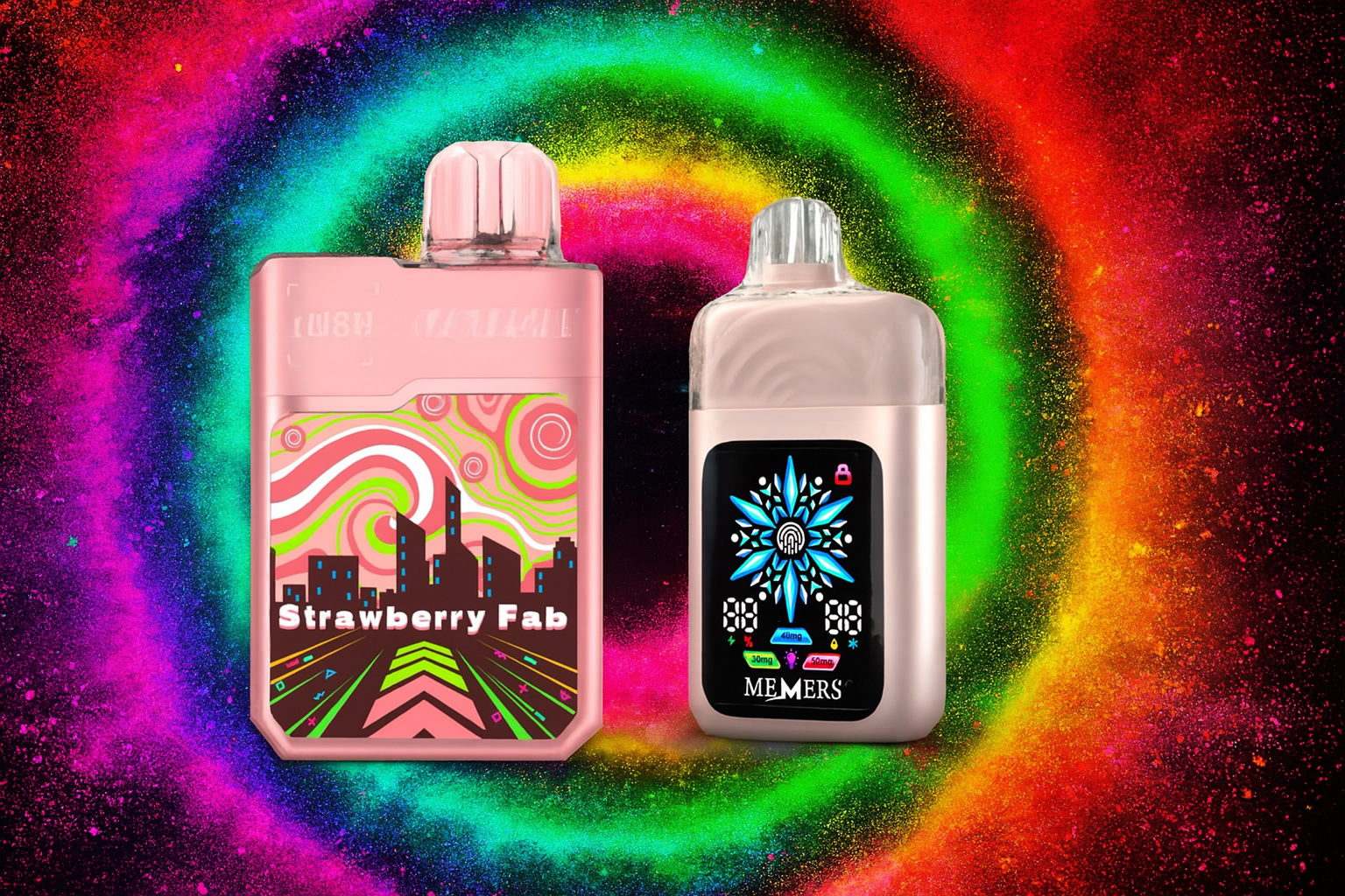 Two modern vape devices are set against a dark background with a dynamic, multi-colored ring of glowing powder around them. The one on the left is a light pink with a graphic of a city skyline, while the device on the right is a metallic silver-brown with a bright, digital display. The vibrant and colorful background creates a striking contrast with the sleek designs of the devices.