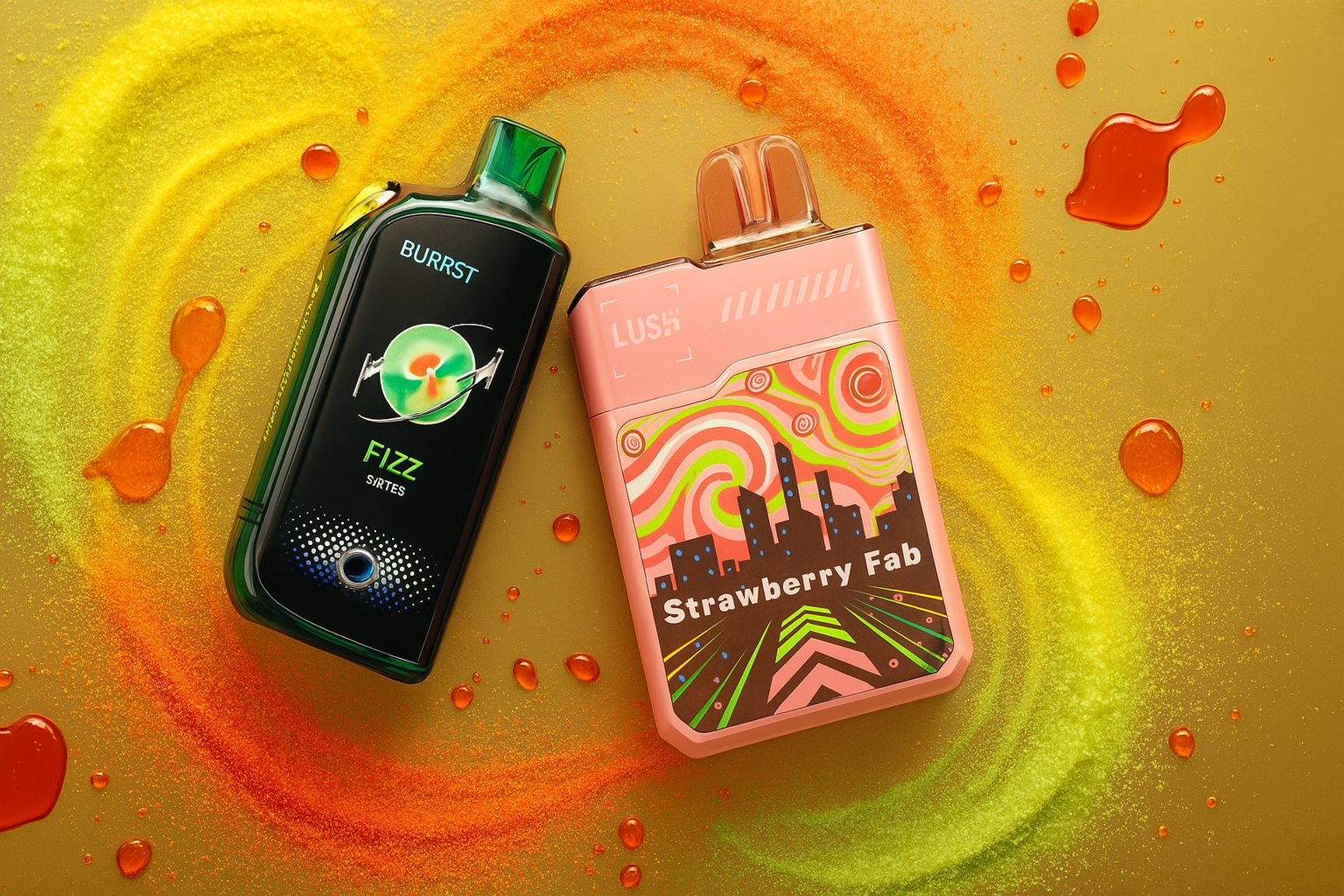 Two vibrant vape devices are arranged on a yellow-gold surface. The device on the left is dark green with a bright green and orange symbol in the center, while the one on the right is a light pink with a whimsical cityscape design. The surface is decorated with swirling patterns of orange and yellow powder and several drops of a red liquid.