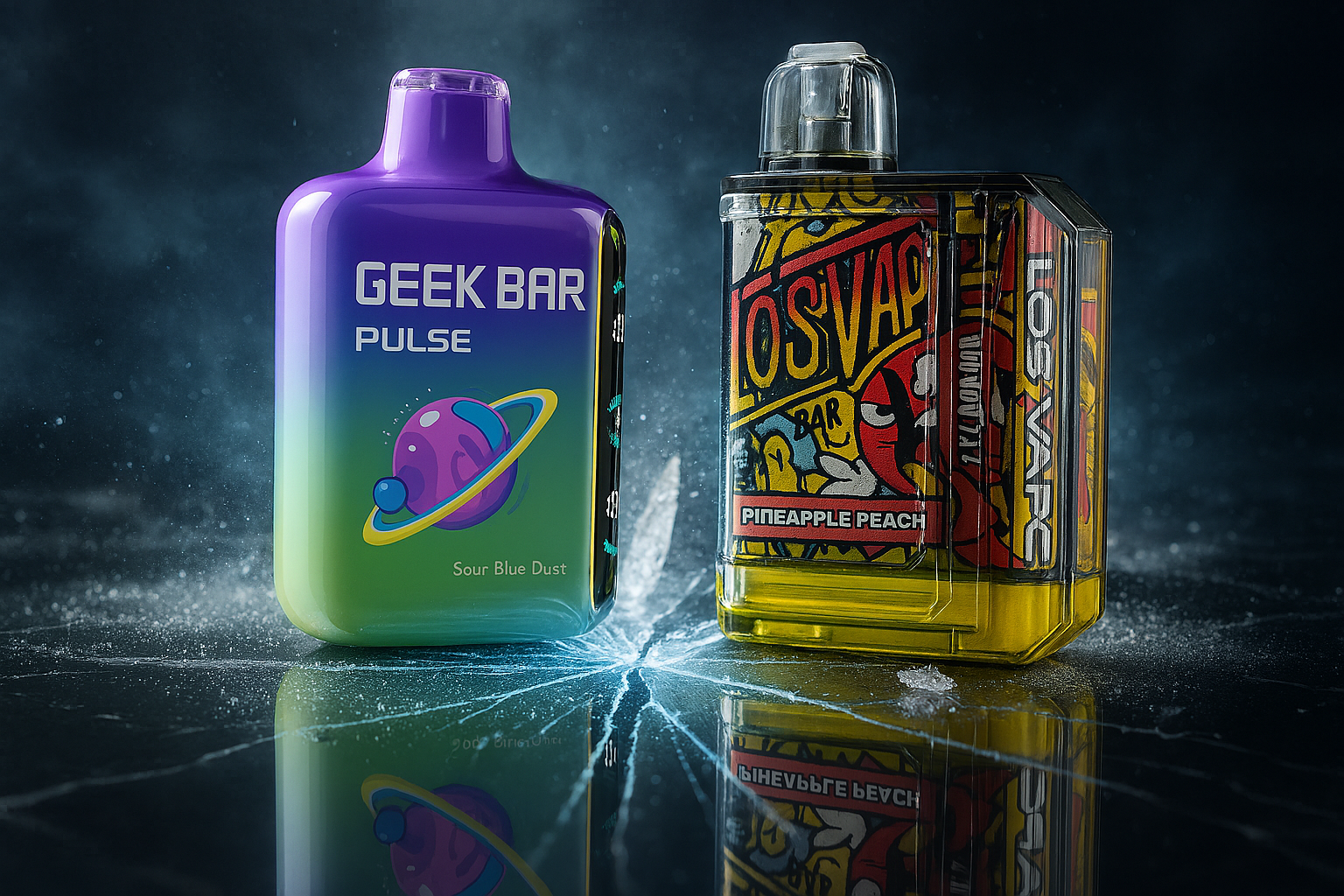 This image displays two distinct vape devices side-by-side on a reflective surface, with an electric blue crack emanating from between them. On the left is a 