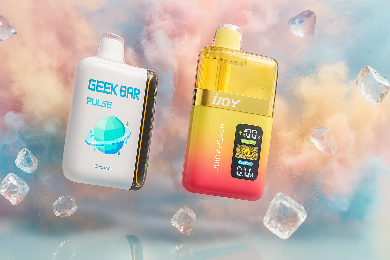 A bright product photo showcases two vape devices surrounded by floating ice cubes and a colorful smoke-filled background. The vape on the left is large, white, and black with a geometric design on the front. The device on the right is yellow and red with a transparent section that shows its inner workings.