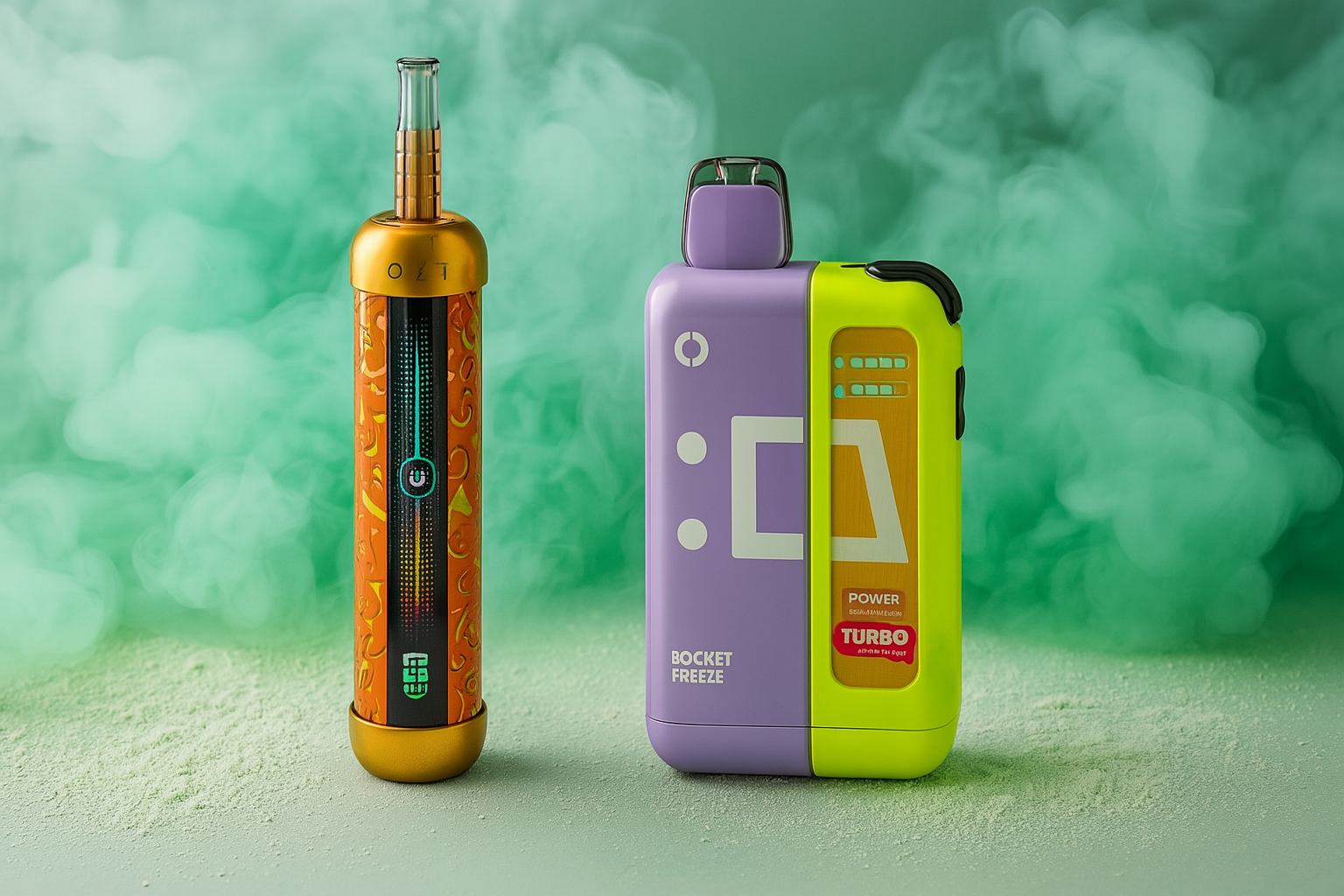 A stylish product shot of two different vape devices, a tall cylindrical one and a shorter rectangular one. The cylindrical device is orange with an intricate pattern, while the rectangular one is a dual-colored design of lilac and bright lime green. They are standing on a light, dusty surface against a background of misty, green smoke.