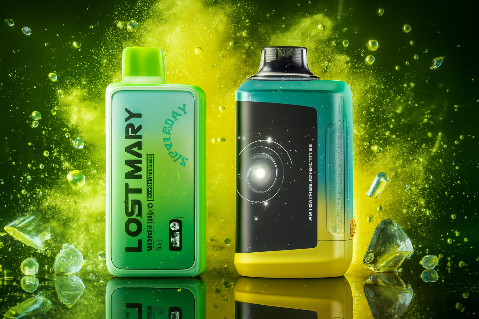 A dramatic product shot of two vape devices standing on a reflective black surface. The background is a vibrant lime green, with bubbles and droplets suspended in the air. Clear, crystalline shards and what appear to be frozen pieces are scattered around the base of the devices, suggesting a cooling or icy theme.