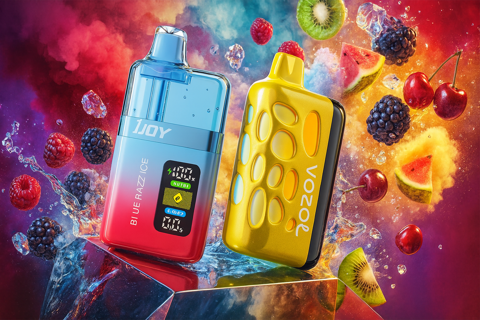 This is a dynamic, colorful advertisement showcasing two uniquely designed disposable vape devices amidst a powerful splash of water and fruit. The vapes—one translucent blue/red and one metallic yellow with a honeycomb-like pattern—are positioned diagonally on a reflective, geometric block. They are surrounded by various airborne fruits, such as blackberries, raspberries, cherries, kiwi slices, and watermelon, suggesting a vibrant and refreshing flavor experience.