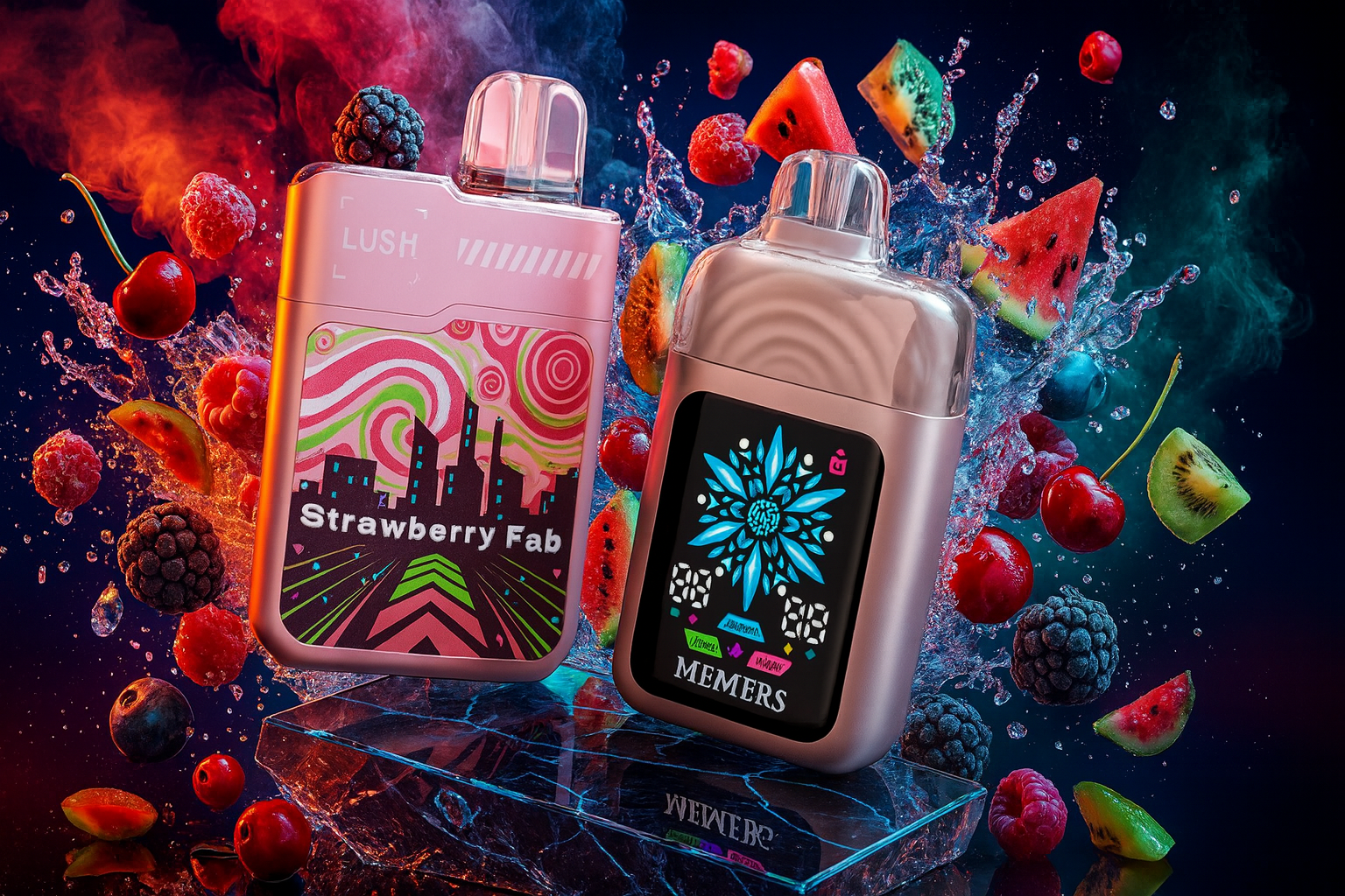 Two stylish, box-shaped disposable vaping devices are displayed on a glossy, reflective surface, surrounded by fruit. One device is a vibrant pink color, and the other has a metallic, silver finish with a screen showing a bright blue and magenta digital design. Water splashes and fragments of watermelon, berries, and kiwi surround the vapes, suggesting a complex, refreshing flavor profile.