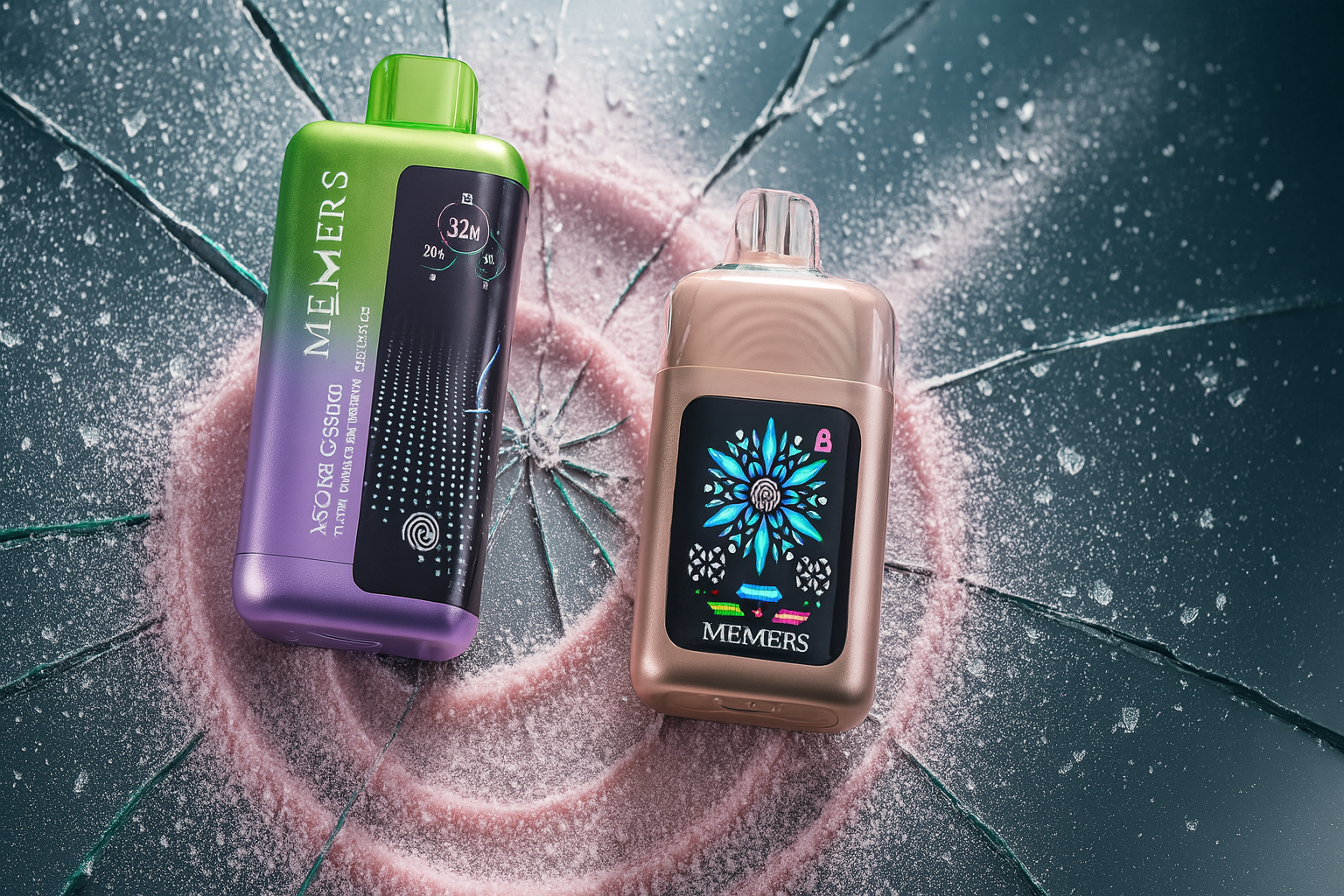 A dramatic product photo shows two vape devices on a cracked, reflective surface with a dynamic background of multicolored powder. The device on the left is a shiny, transparent pink and red vape with a small digital screen. The device on the right is a white vape with red accents and a large, full-color touchscreen that resembles a smartphone interface.