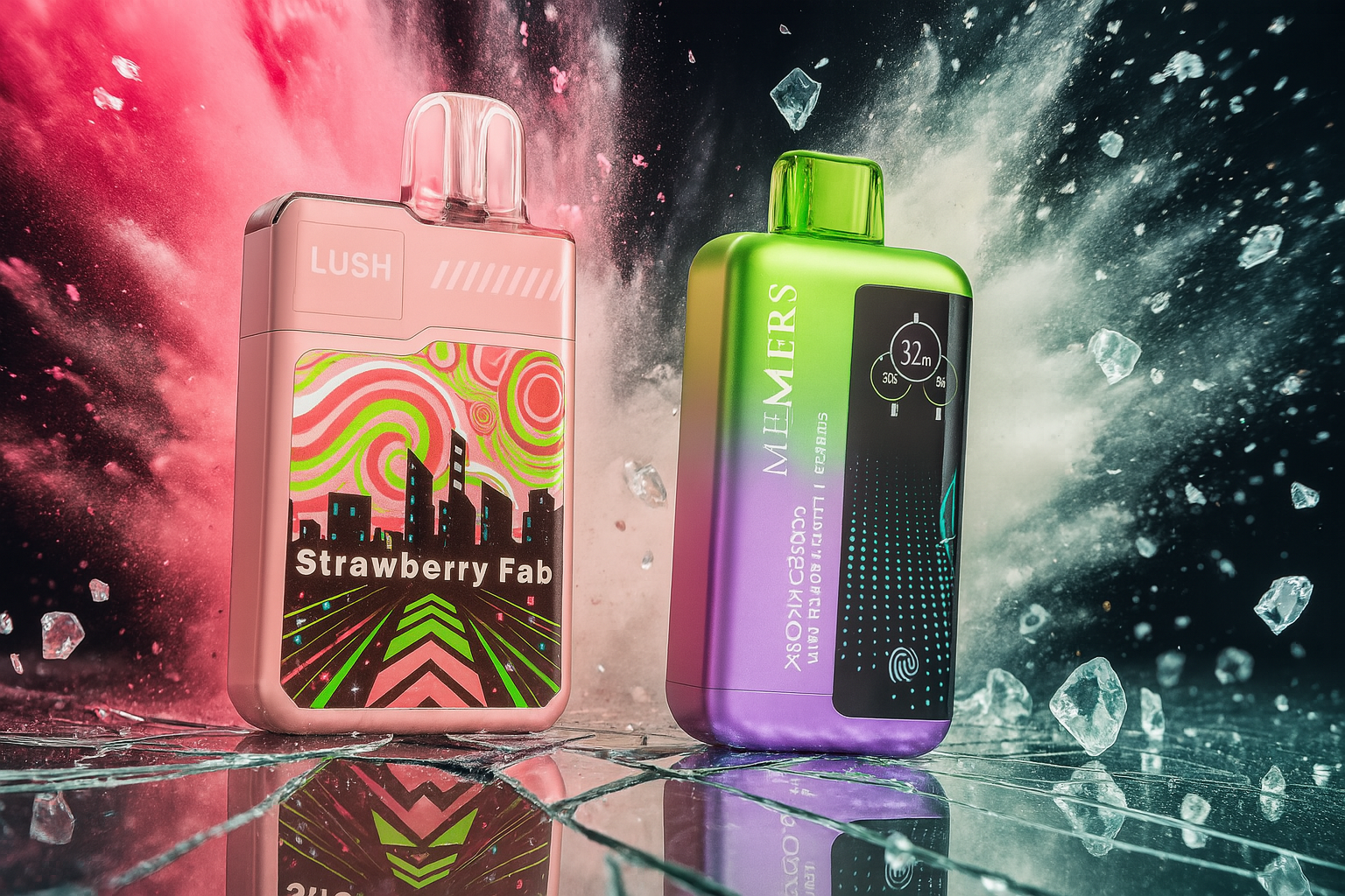 A dramatic product photo of two vape devices on a cracked, reflective surface with a dynamic, multicolored powder background. The device on the left is a tall, cylindrical gold and red vape with a futuristic, illuminated design on the front. The device on the right is a box-shaped vape that is half purple and half yellow, with a bright digital screen on the yellow side.
