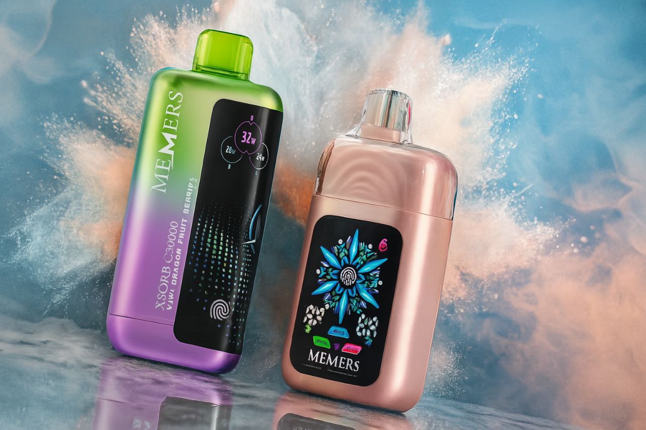 A dynamic product shot of two electronic vape devices, one with a purple-to-green gradient and the other in a rose-gold finish. The devices are leaning against each other on a reflective surface, set against a background of swirling blue and pink powder clouds. Both devices feature bright, modern digital screens displaying abstract graphics and information.
