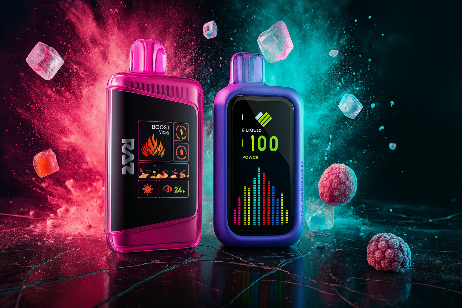 An eye-level shot captures two modern, translucent vape devices. The one on the left is a vibrant pink, while the one on the right is a rich purple. They are placed on a shattered, reflective surface, surrounded by scattered ice cubes and a dynamic backdrop of pink and blue powder, creating a futuristic, energetic scene.