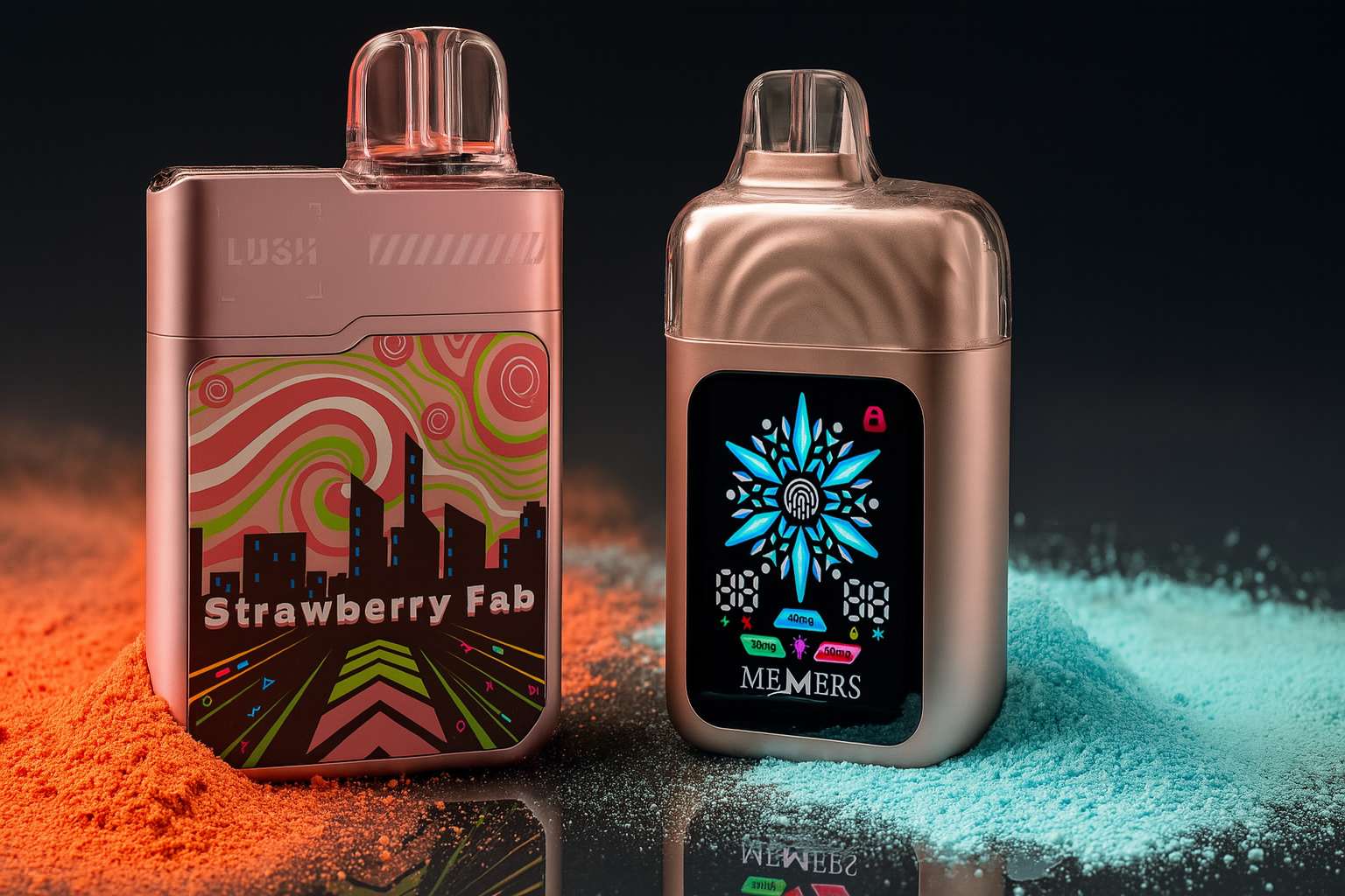 Two vape devices stand on a reflective surface against a dark background. The device on the left is light pink with a colorful, stylized cityscape graphic, while the one on the right is a metallic silver-brown with a glowing digital display. Orange and blue powder is scattered around the base of the devices, adding a pop of color to the scene.