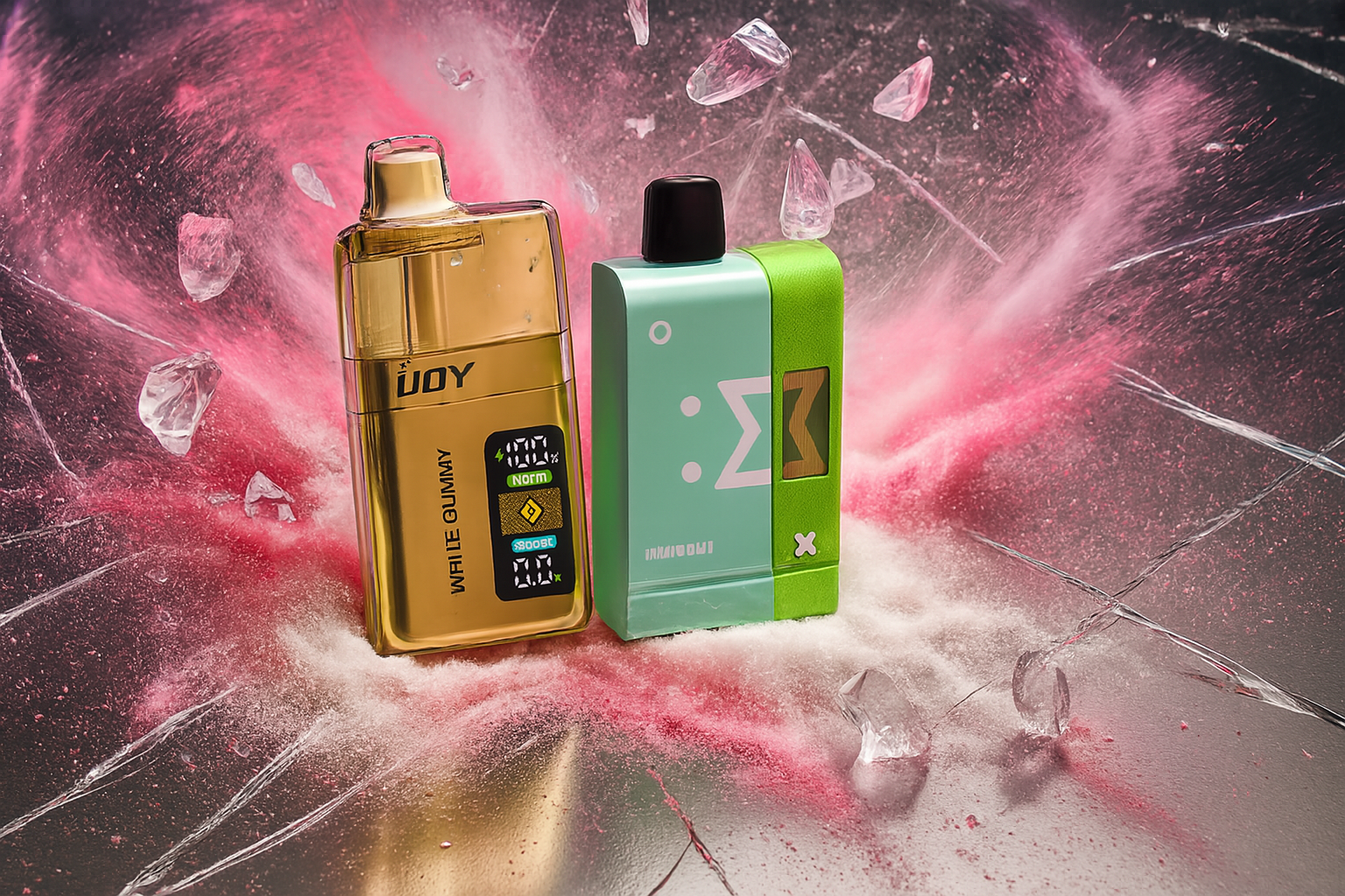A colorful product photo of two vape devices surrounded by floating ice cubes and a smoky, multicolored background. The device on the left is a white and blue vape with a transparent panel displaying a geometric design. The device on the right is a tall, transparent yellow vape with a pink bottom half and a bright digital screen.
