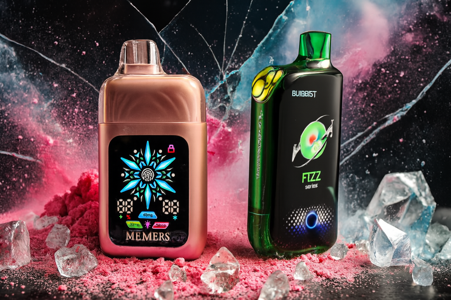 A dramatic product photo of two vape devices on a cracked, reflective surface with a dynamic, multicolored powder background. The device on the left is a tall, cylindrical gold and red vape with a futuristic, illuminated design on the front. The device on the right is a box-shaped vape that is half purple and half yellow, with a bright digital screen on the yellow side.