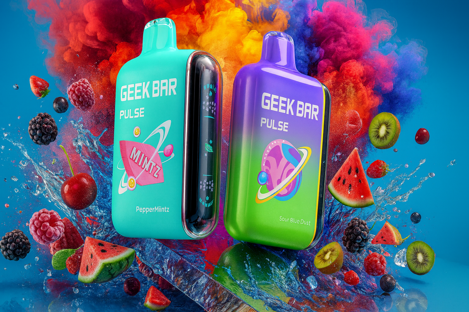 Two colorful, disposable vaporizers are prominently featured against an explosive, vibrant background of red, yellow, blue, and green smoke and liquid. The teal and purple/green vapes are surrounded by various scattered pieces of fruit, including watermelon slices, kiwis, strawberries, raspberries, and cherries, suggesting sweet flavor profiles. The overall composition is high-energy, wet, and intensely chromatic, designed to be visually striking and appealing.