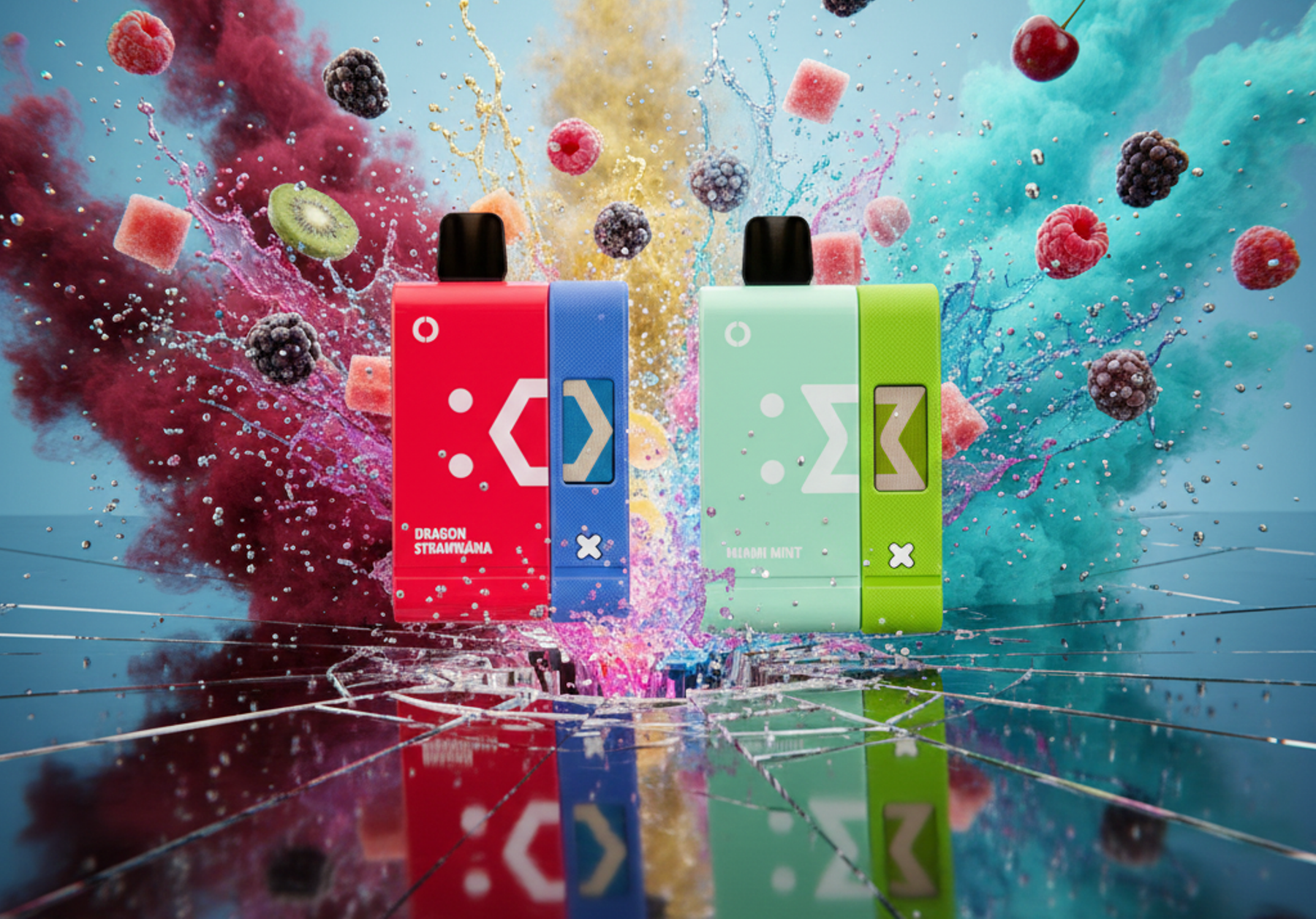A highly saturated, commercial image features two rectangular disposable vape devices standing upright on a reflective, shattered surface. They are surrounded by an explosive cloud of colorful powder and various floating fruits and candies, including cherries, raspberries, blackberries, watermelon squares, and kiwi slices. The vibrant setup is designed to evoke a strong sense of sweet, fruity, and minty flavors.