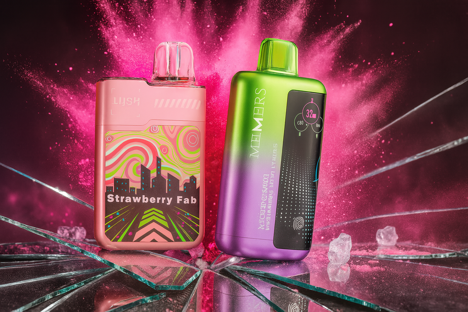 A futuristic product photo of two vape devices on a shattered, icy surface with a dramatic, dark background filled with dust and light effects. The device on the left is a shiny brown and black vape with a futuristic, icy graphic on the front. The device on the right is a sleek, black and purple vape with a starry cosmic design on its front panel.
