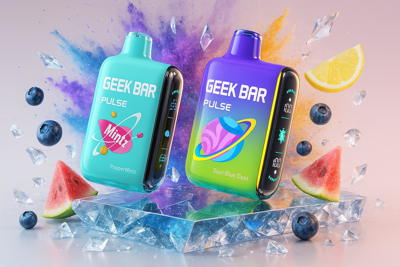 This image showcases two modern vape devices, one in teal and black, and the other predominantly white with a blue top. Both devices feature interactive screens displaying various icons, suggesting advanced functionalities. They are set on a reflective, icy surface surrounded by shards of ice and dramatic blue lightning, creating a cool and high-tech visual.