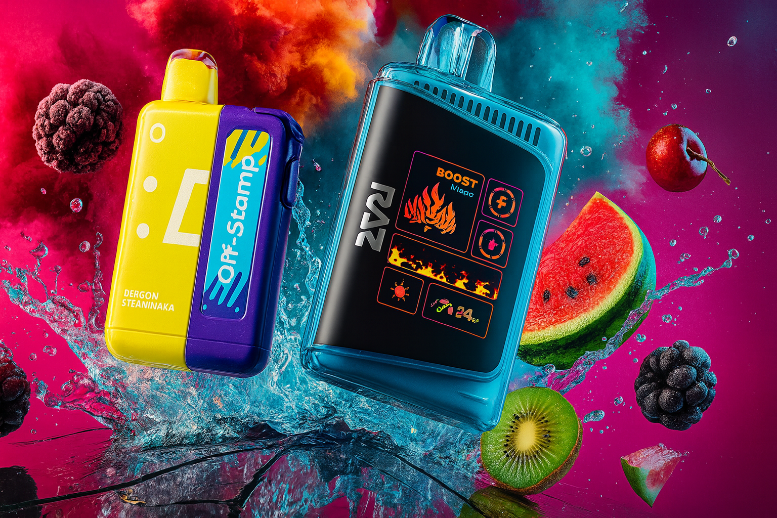 Two distinctly colored disposable vape devices, one yellow/purple and one clear blue, are suspended above a reflective, wet surface. They are surrounded by various fruits, including a cherry, blackberry, kiwi slices, and a watermelon wedge, with water aggressively splashing around them. The background consists of vibrant blue and reddish-orange smoke or mist, creating a high-contrast and dramatic fruity theme.